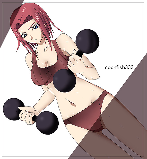 kouzuki kallen, code geass, 00s, 1girl, blue eyes, bra, breasts, exercising, female focus, large breasts, lingerie, panties, red hair, solo, sweat, underwear, underwear only, weights