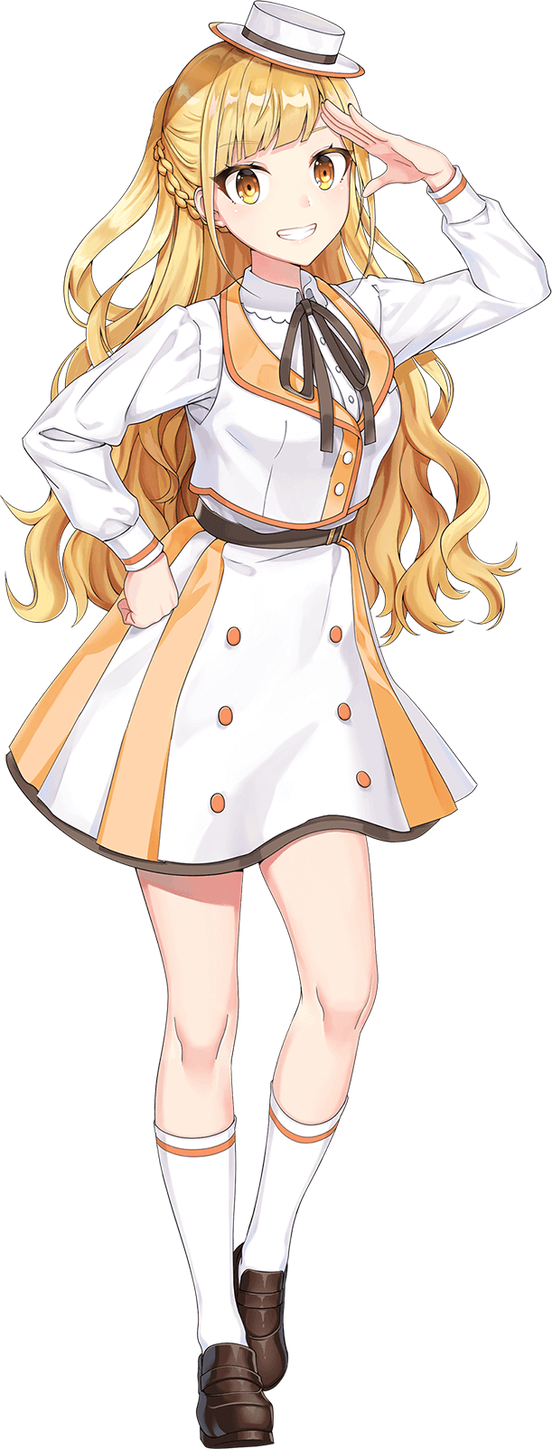shirako miso, hinakura riko, cue!, highres, official art, 1girl, belt, blonde hair, braid, breasts, brown belt, brown ribbon, brown shoes, clenched hand, collared shirt, crown braid, full body, half updo, hand up, hat, jacket, large breasts, loafers, long hair, long sleeves, looking at viewer, mini hat, mini top hat, multicolored jacket, open hand, open mouth, ribbon, salute, shirt, shoes, sidelocks, simple background, skirt, socks, solo, standing, tachi-e, teeth, top hat, transparent background, two-tone jacket, two-tone skirt, very long hair, wavy hair, white hat, white jacket, white shirt, white skirt, white socks, yellow eyes