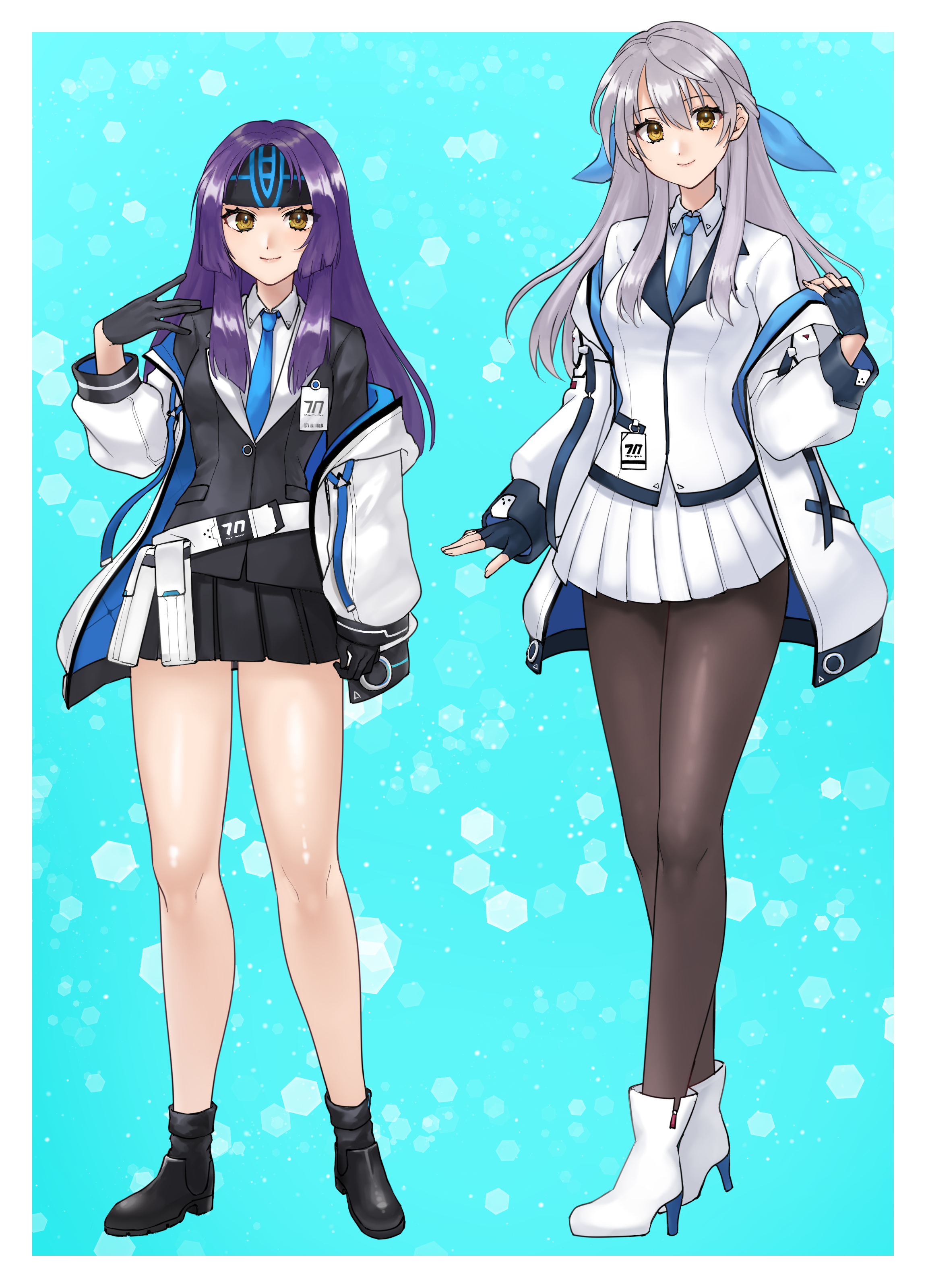 hazuki (nyorosuke), micaiah (fire emblem), noa (blue archive), sanaki kirsch altina, yuuka (blue archive), blue archive, fire emblem, fire emblem: radiant dawn, nintendo, absurdres, commentary request, commission, highres, skeb commission, 2girls, alternate costume, black gloves, black pantyhose, blue gloves, blue necktie, blue ribbon, closed mouth, cosplay, crossover, fingerless gloves, full body, gloves, grey hair, hair between eyes, hair ribbon, id card, long hair, multiple girls, necktie, noa (blue archive) (cosplay), off shoulder, pantyhose, purple hair, ribbon, smile, yellow eyes, yuuka (blue archive) (cosplay)