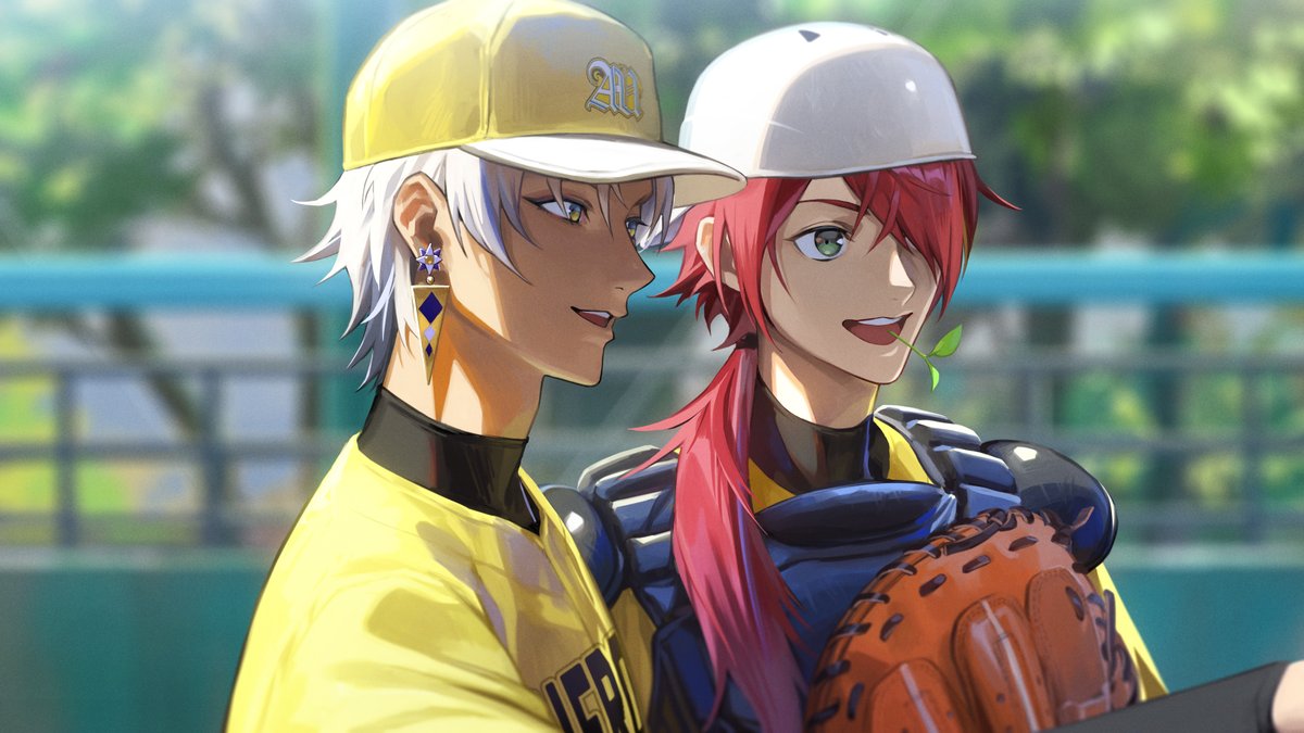 mosako, ibrahim (nijisanji), lauren iroas, nijisanji, commentary request, 2boys, backlighting, baseball cap, baseball glove, baseball jersey, blurry, blurry background, chest protector, dark-skinned male, dark skin, green eyes, grey hair, hat, jersey, looking to the side, male focus, mouth hold, multiple boys, outdoors, railing, red hair, shirt, short hair, stalk in mouth, upper body, virtual youtuber, white hat, yellow hat, yellow shirt