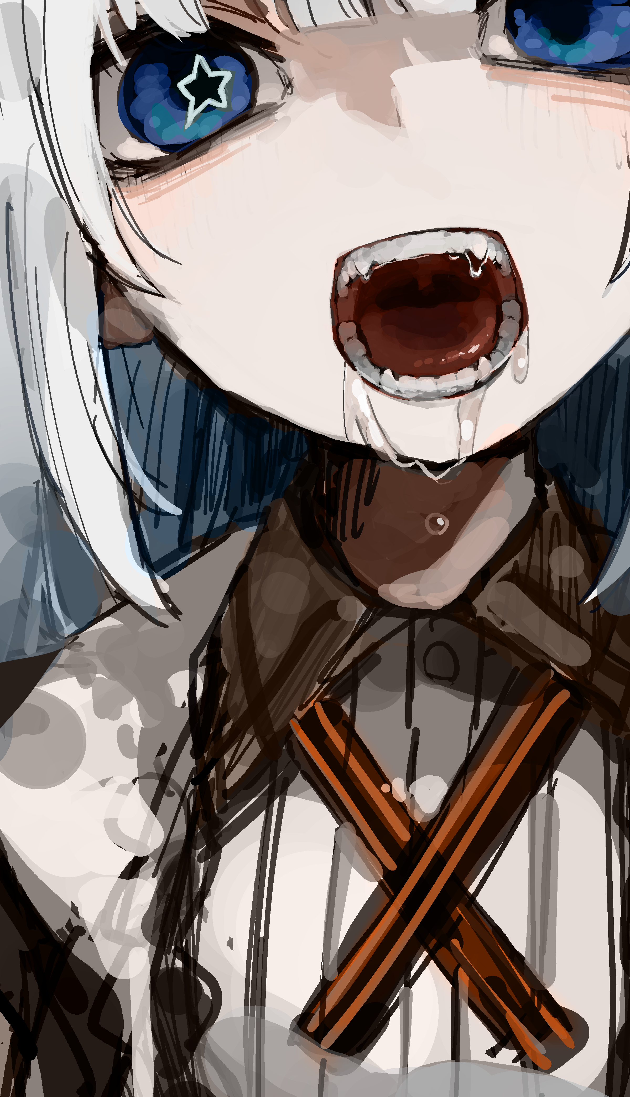 uranosebi, kizuna akari, vocaloid, voiceroid, absurdres, highres, 1girl, blue eyes, collared shirt, cross tie, fangs, hat, head out of frame, long hair, looking at viewer, open mouth, saliva, shirt, solo, star (symbol), star in eye, symbol in eye, teeth, tongue, upper body, white hat