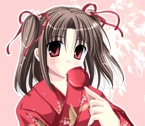 knave, kujira (knave), yumizuka satsuki, tsukihime, lowres, 00s, 1girl, brown eyes, brown hair, candy apple, female focus, floral print, floral print kimono, holding candy apple, holding food, japanese clothes, kimono, print kimono, solo