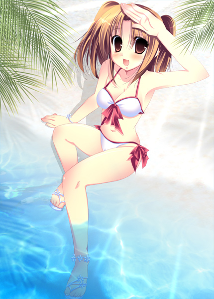 knave, kujira (knave), yumizuka satsuki, tsukihime, 00s, 1girl, bad anatomy, bikini, brown eyes, brown hair, female focus, poorly drawn, sandals, solo, swimsuit, white sandals