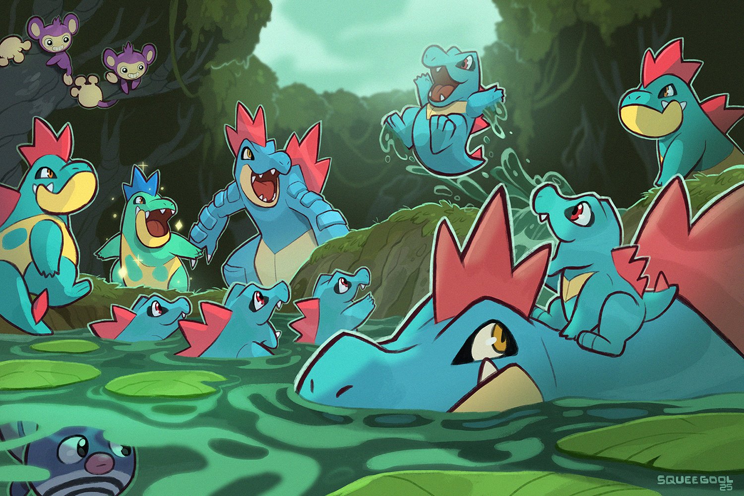 squeegool, aipom, croconaw, feraligatr, poliwag, totodile, nintendo, pokemon, alternate color, animal focus, claws, closed mouth, crocodilian, evolutionary line, fangs, forest, gen 1 pokemon, gen 2 pokemon, grin, jumping, lily pad, monkey, nature, no humans, open mouth, outdoors, pokemon (creature), pokemon focus, pond, red eyes, sharp teeth, shiny pokemon, sky, smile, swimming, tail, teeth, tree, underwater, water, yellow eyes