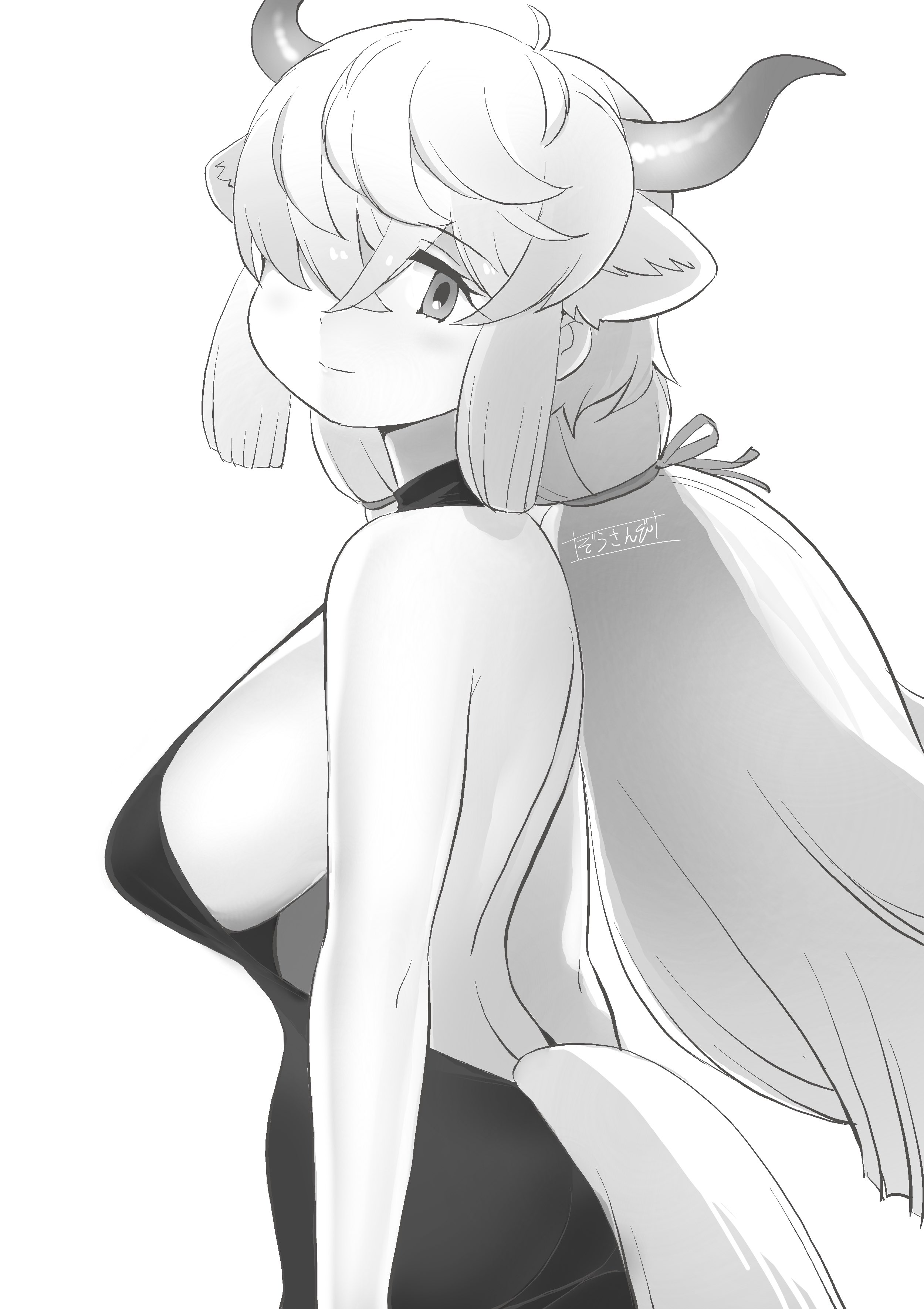 masuyama ryou, yak (kemono friends), kemono friends, kemono friends 3, absurdres, highres, 1girl, animal ears, backless dress, backless outfit, bare back, bare shoulders, black horns, breasts, cow ears, cow girl, cow horns, dress, extra ears, grey horns, greyscale, hair over one eye, halter dress, halterneck, horns, huge breasts, long hair, looking at viewer, looking back, monochrome, multicolored horns, sideboob, solo, white hair