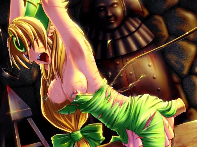 riesz, seiken densetsu, seiken densetsu 3, 1girl, anal, anal object insertion, armpits, arms up, bdsm, blonde hair, blood, bondage, bouncing breasts, bound, breasts, circlet, closed eyes, crying, dildo, dress, dungeon, female focus, hair ribbon, large insertion, leaning forward, long hair, masochism, nipple piercing, nipples, object insertion, open mouth, pain, piercing, ponytail, rape, restrained, ribbon, saliva, screaming, short dress, slave, solo, statue, sweat, tearing clothes, tears, torn clothes, torture, very long hair, whip, whip marks, whipping, wooden horse