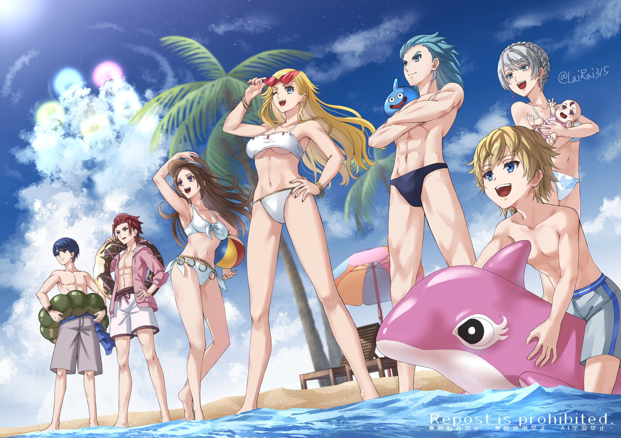 888666, slime (dragon quest), dragon quest, dragon quest x, commentary request, highres, 1other, 3girls, 4boys, :d, ;d, adjusting eyewear, alternate costume, aqua eyes, aqua hair, baby, ball, beach, beach umbrella, beachball, bikini, blonde hair, blue eyes, blue hair, blue sky, braid, breasts, brown eyes, brown hair, cantis (dq10), carrying, carrying baby, carrying person, cloud, creature, creature on shoulder, crossed arms, crown braid, euriza (dq10), fabiel (dq10), fedira (dq10), front-tie bikini top, front-tie top, hair slicked back, hat, innertube, jacket, krytos, large breasts, looking ahead, male swimwear, mednam (dq10), mitra (dq10), multiple boys, multiple girls, muscular, muscular male, navel, on shoulder, one eye closed, open mouth, outdoors, palm tree, pink jacket, red-tinted eyewear, red hair, red nails, short hair, sky, smile, spiked hair, straw hat, swim briefs, swim ring, swim trunks, swimsuit, tinted eyewear, tree, twitter username, umbrella, underboob, white bikini, white hair, white swim trunks