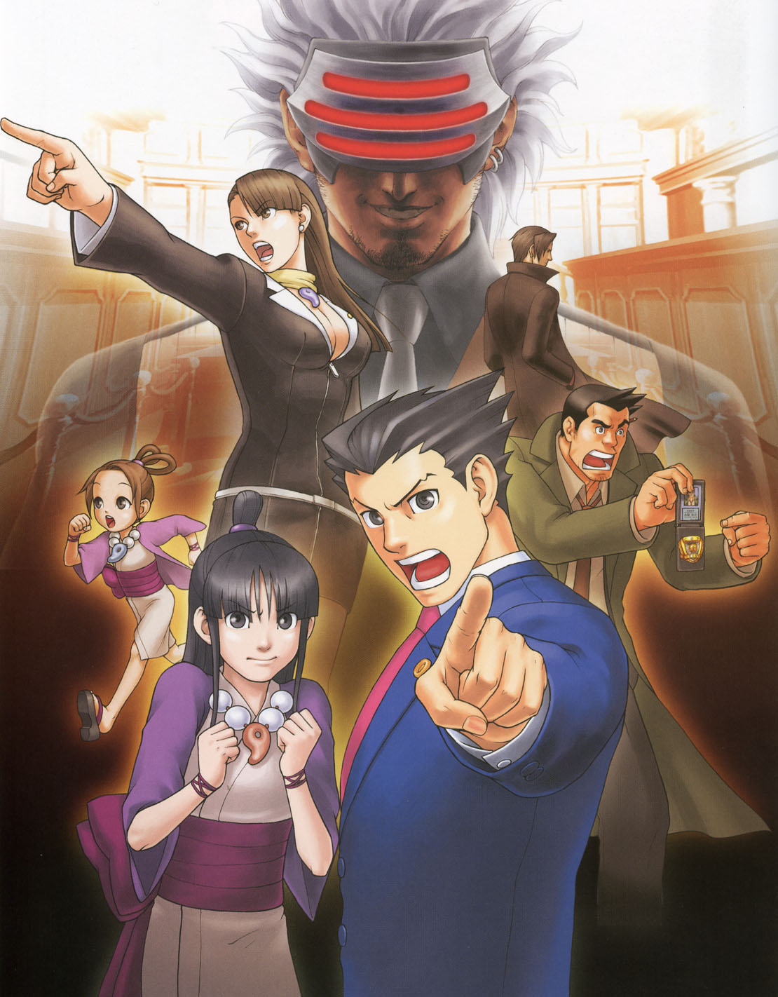 edaki shin'ya, dick gumshoe, godot (ace attorney), maya fey, mia fey, miles edgeworth, pearl fey, phoenix wright, ace attorney, capcom, phoenix wright: ace attorney – trials and tribulations, highres, official art, 3girls, 4boys, half updo, magatama, multiple boys, multiple girls
