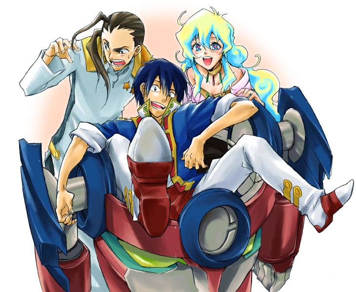 nonosaki, lagann, nia teppelin, rossiu adai, simon (ttgl), tengen toppa gurren lagann, + +, 00s, 1girl, 2boys, :d, aged up, blonde hair, blue eyes, blue hair, blush, collar, collarbone, cross-shaped pupils, gem, looking at viewer, machinery, mecha, multicolored hair, multiple boys, open mouth, pants, robot, simple background, sitting, smile, surprised, sweatdrop, symbol-shaped pupils, two-tone hair, white background, wide-eyed