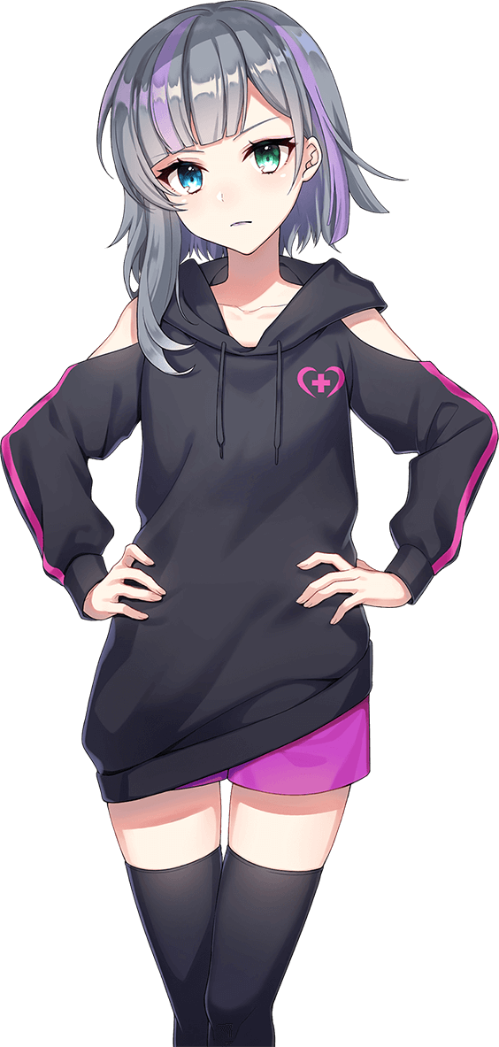 shirako miso, maruyama rie, cue!, official art, 1girl, black hood, black hoodie, black thighhighs, blue eyes, blunt bangs, blush, breasts, closed mouth, clothing cutout, collarbone, cowboy shot, gradient hair, green eyes, grey hair, hands on own hips, heart, heart print, heterochromia, hood, hood down, hoodie, lips, long sleeves, looking at viewer, multicolored hair, pink shorts, purple eyes, purple hair, sex, short hair, short shorts, shorts, shoulder cutout, simple background, single sidelock, small breasts, solo, standing, tachi-e, thighhighs, transparent background, two-tone hair
