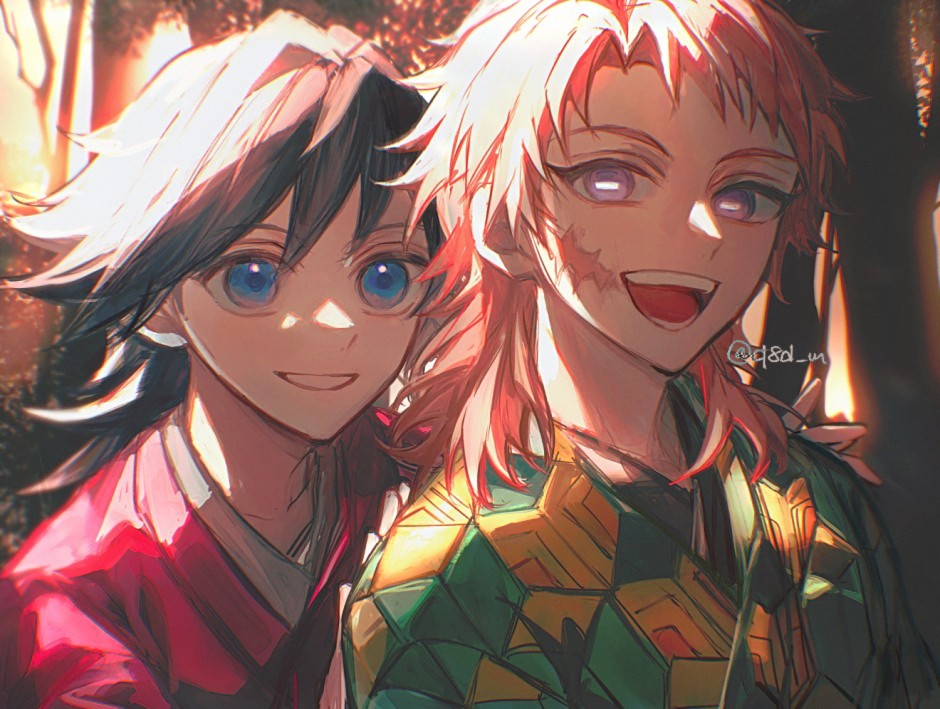 sabito (kimetsu), tomioka giyuu, kimetsu no yaiba, 2boys, aged down, black hair, blue eyes, close-up, day, facial scar, grey eyes, grin, haori, japanese clothes, kimono, male focus, medium hair, multiple boys, open mouth, print haori, q8d m, red kimono, scar, scar on cheek, scar on face, smile, sunlight, teeth, twitter username