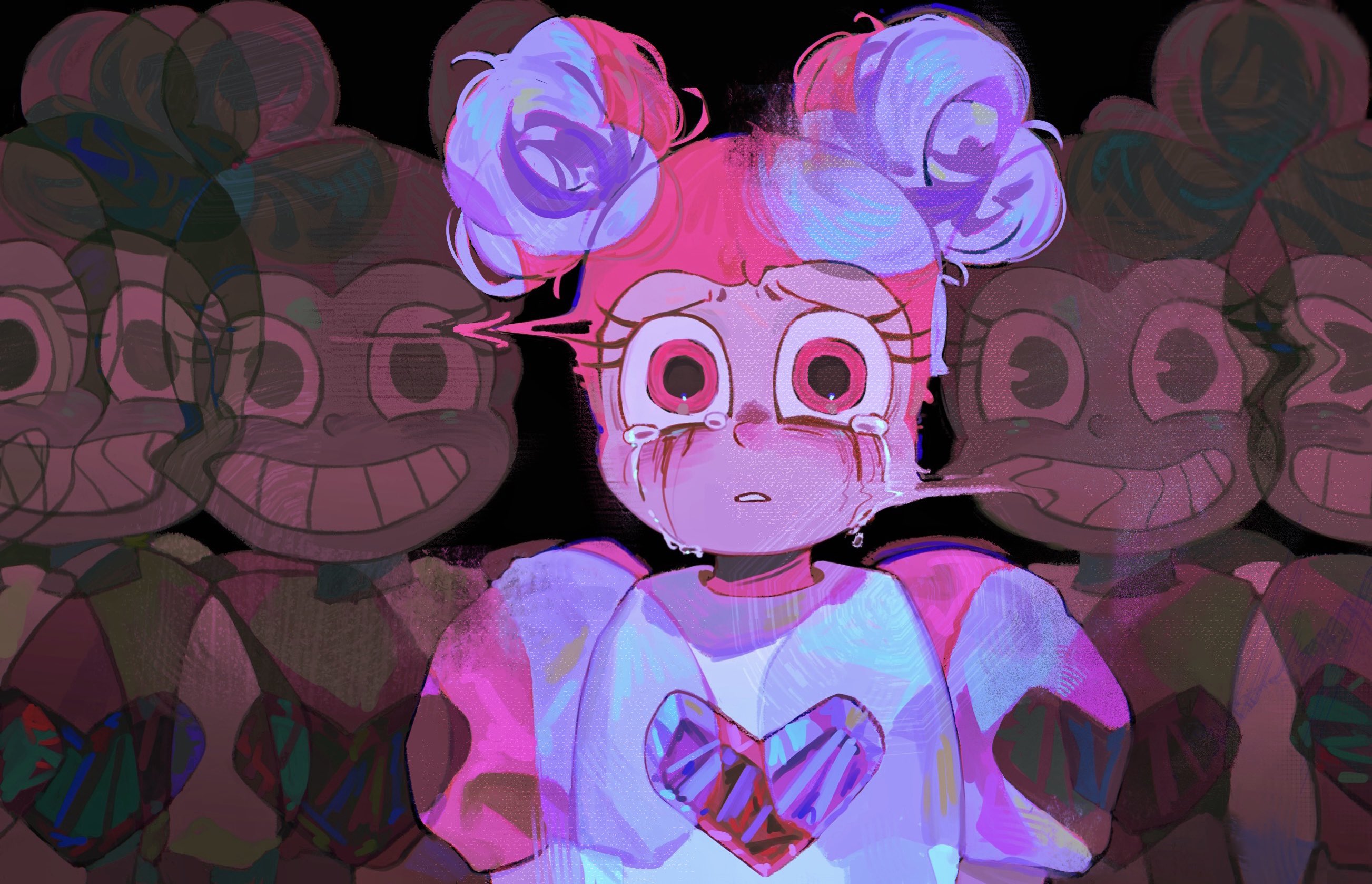 a-kai202, spinel (steven universe), steven universe, highres, 1girl, chest jewel, crying, crying with eyes open, double bun, gem, grin, hair bun, heart-shaped gem, makeup, pink eyes, pink gemstone, pink hair, runny makeup, smile, steven universe: the movie, tears