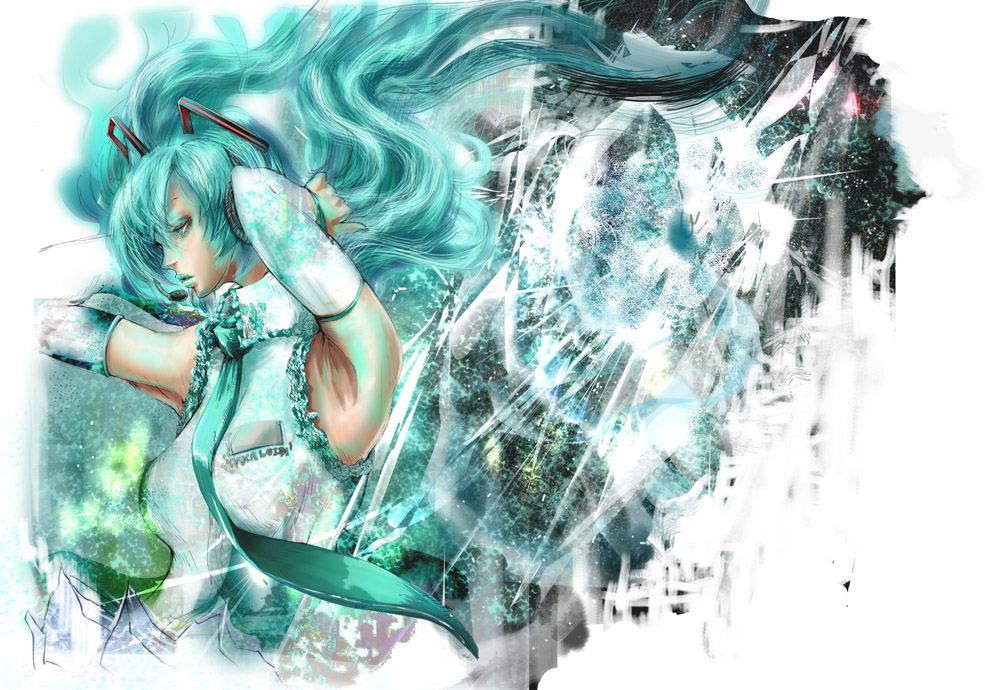 tanupo, hatsune miku, vocaloid, aqua eyes, aqua hair, armpits, detached sleeves, headphones, lipstick, long hair, makeup, necktie, solo, twintails