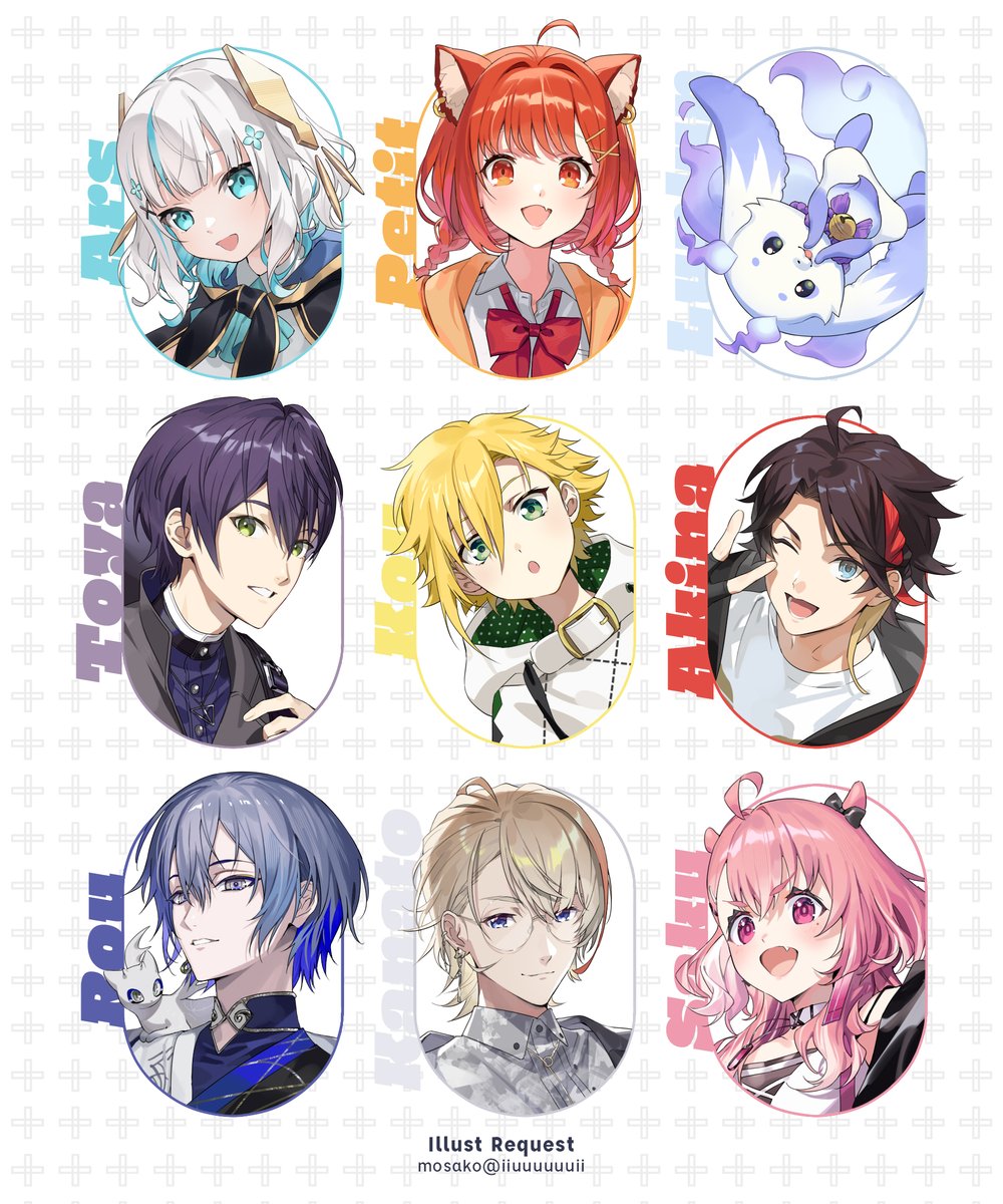 mosako, ars almal, ars almal (1st costume), fura kanato, fura kanato (3rd costume), kenmochi touya, koyanagi rou, koyanagi rou (1st costume), lunlun (nijisanji), otomo (koyanagi rou), ratna petit, ratna petit (5th costume), saegusa akina, saegusa akina (3rd costume), sasaki saku, uzuki kou, uzuki kou (2nd costume), nijisanji, highres, 4girls, 5boys, :o, ahoge, animal ears, bell, black bow, black bowtie, black gloves, black hoodie, black jacket, blonde hair, blue eyes, blue hair, blue shirt, blush, bow, bowtie, brown hair, character name, choker, collared shirt, colored inner hair, fingerless gloves, followers favorite challenge, glasses, gloves, green eyes, grey shirt, head tilt, hood, hood down, hoodie, jacket, kenmochi touya (9th costume), looking at viewer, multicolored hair, multiple boys, multiple drawing challenge, multiple girls, neck bell, one eye closed, open mouth, orange eyes, orange hair, orange jacket, pink eyes, pink hair, purple hair, red bow, red bowtie, red hair, sasaki saku (10th costume), shirt, simple background, smile, streaked hair, two-tone shirt, upper body, v-shaped eyebrows, virtual youtuber, white background, white choker, white hair, white hoodie, white shirt