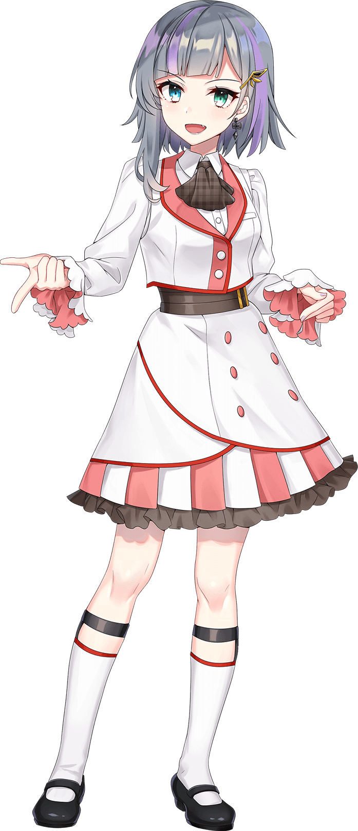 shirako miso, maruyama rie, cue!, highres, official art, 1girl, ascot, belt, black shoes, blue eyes, blush, breasts, brown ascot, brown belt, collared shirt, earrings, fang, full body, gradient hair, green eyes, grey hair, hair ornament, hairclip, heterochromia, index finger raised, jacket, jewelry, leg belt, lips, long sleeves, looking at viewer, mary janes, multicolored hair, multicolored jacket, open mouth, plaid ascot, plaid clothes, pointing, purple eyes, purple hair, shirt, shoes, short hair, simple background, single sidelock, skirt, small breasts, smile, socks, solo, standing, tachi-e, transparent background, two-tone hair, two-tone jacket, two-tone skirt, white jacket, white shirt, white skirt, white socks, wide sleeves