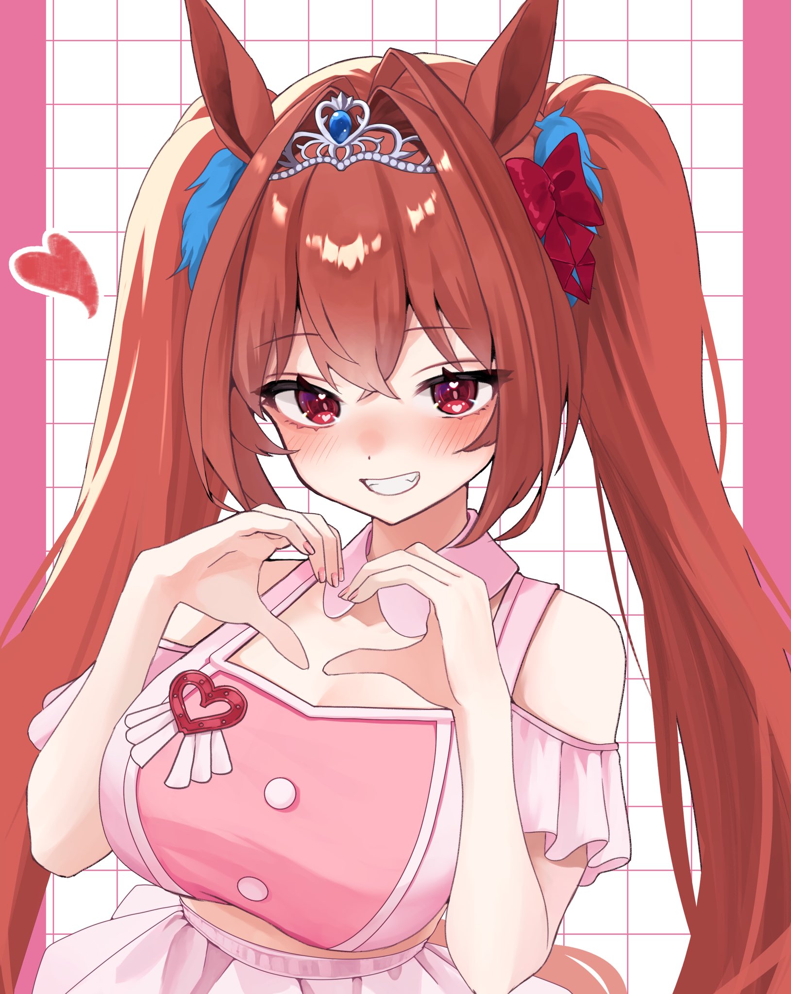 yamaro (yamaro0), daiwa scarlet (umamusume), umamusume, highres, 1girl, alternate costume, animal ears, bare shoulders, blush, breasts, brown hair, cropped shirt, detached collar, ear ornament, hair between eyes, hair intakes, hair ornament, heart, heart hands, horse ears, horse girl, horse tail, large breasts, long hair, looking at viewer, meni shuki rush-sshu!, midriff peek, open mouth, pink shirt, pink skirt, red eyes, shirt, skirt, smile, solo, tail, teeth, tiara, twintails, upper body, very long hair
