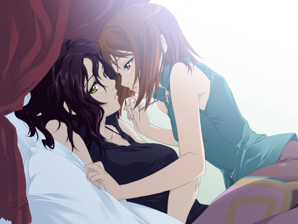 saipaco, caimu (simoun), paraietta (simoun), simoun, 00s, 2girls, bed, brown hair, glasses, green eyes, kaimu, multiple girls, pillow, purple eyes, purple hair, sleeveless, yuri