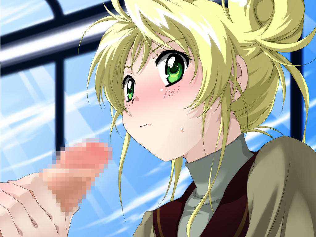 aaeru, saipaco, aeru (simoun), simoun, 00s, 1girl, blonde hair, blush, censored, green eyes, handjob, mosaic censoring, penis, school uniform, serafuku, solo focus, turtleneck