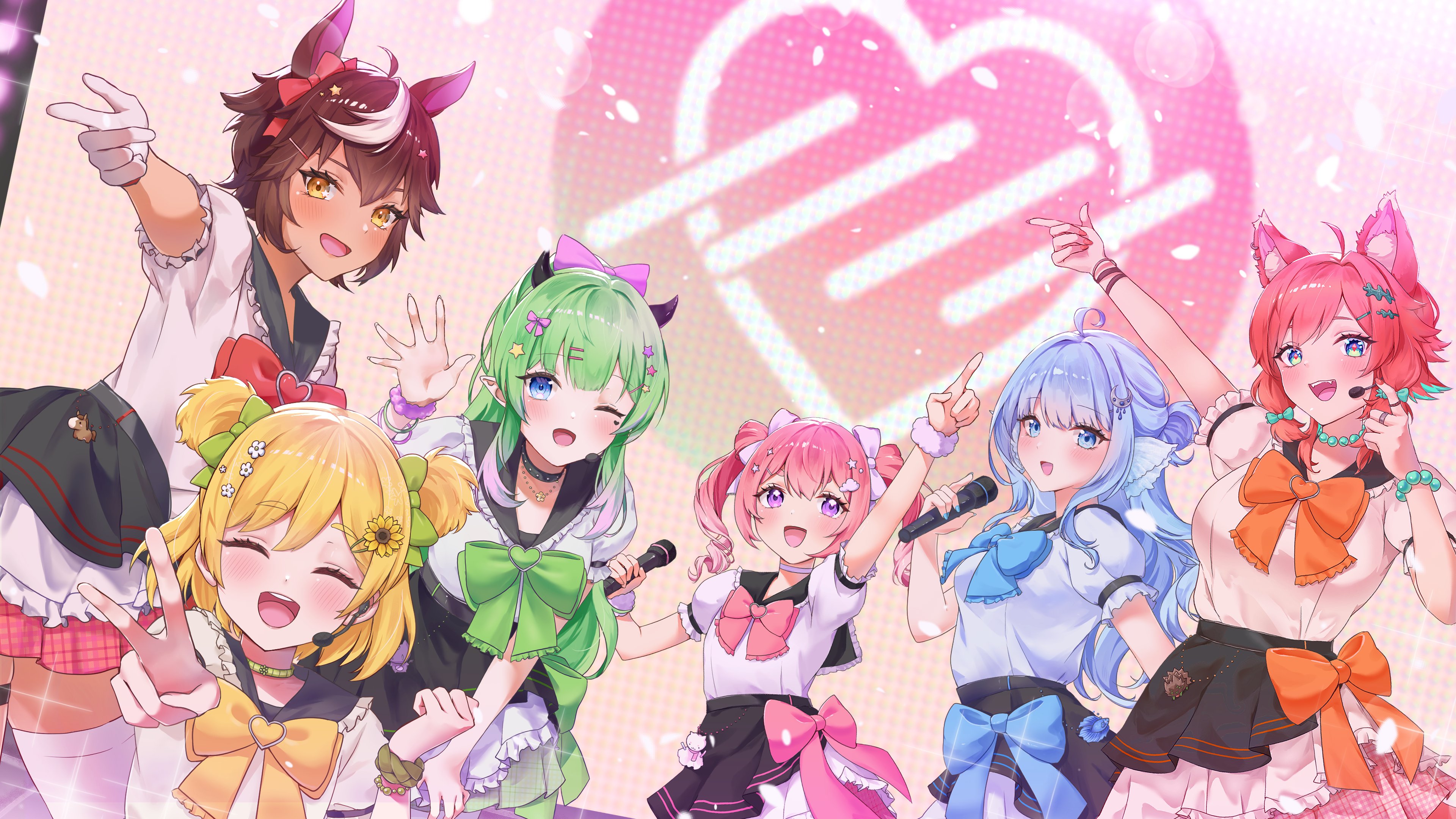 kat (kattaeto), airi viridis, alpha betta (vtuber), hani hima (v-dere), kirispica, mozumi pichi, tomoe umari, v-dere, absurdres, highres, second-party source, 6+girls, ahoge, animal ear fluff, animal ears, aqua hair, bead bracelet, bead necklace, beads, black sailor collar, blonde hair, blue bow, blue eyes, blue hair, bow, bracelet, brown hair, collar, colored tips, crescent, crescent hair ornament, flower, frilled collar, frills, gloves, green bow, green hair, hair bow, hair flower, hair ornament, horse ears, horse girl, idol, jewelry, multicolored hair, multiple girls, necklace, one eye closed, open mouth, orange bow, orange hair, pink bow, pink hair, pointy ears, purple eyes, purple scrunchie, red bow, sailor collar, scrunchie, shirt, smile, star (symbol), star hair ornament, streaked hair, sunflower, sunflower hair ornament, tan, thigh strap, thighhighs, white flower, white gloves, white hair, white shirt, white thighhighs, wolf ears, wolf girl, wrist scrunchie, yellow eyes