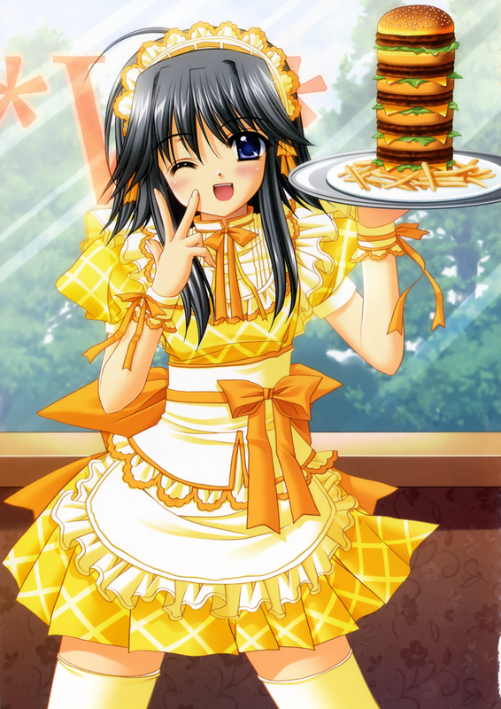 nishimata aoi, mayumi thyme, shuffle!, 00s, blue eyes, blush, bow, dress, food, french fries, megamac, one eye closed, short hair, short hair with long locks, solo, thighhighs, too much burger, too much food, waitress, wink, zettai ryouiki