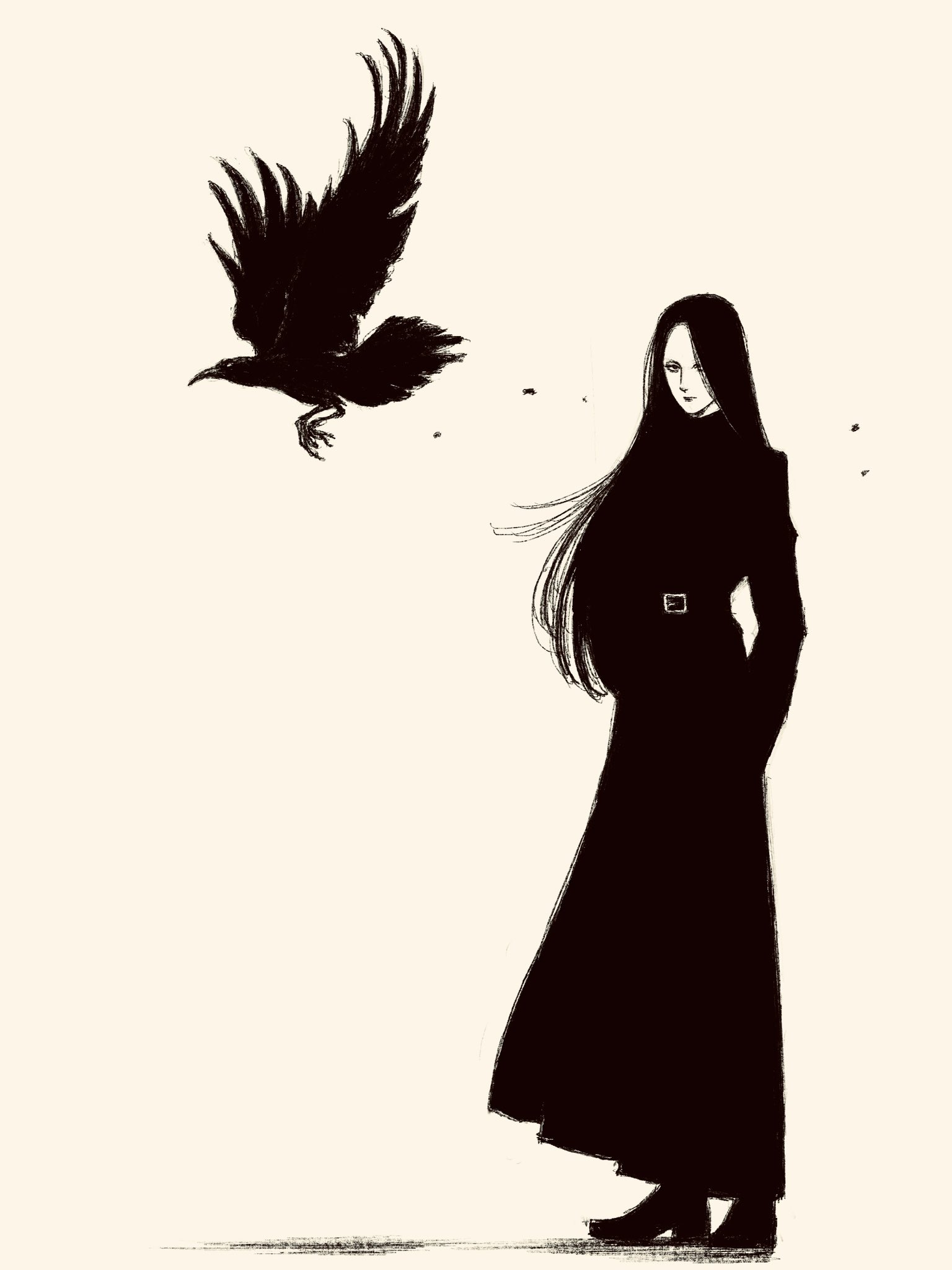 tp p pt, original, highres, 1girl, belt, belt buckle, bird, black coat, black hair, buckle, coat, crow, full body, greyscale, long coat, looking at viewer, monochrome, white background