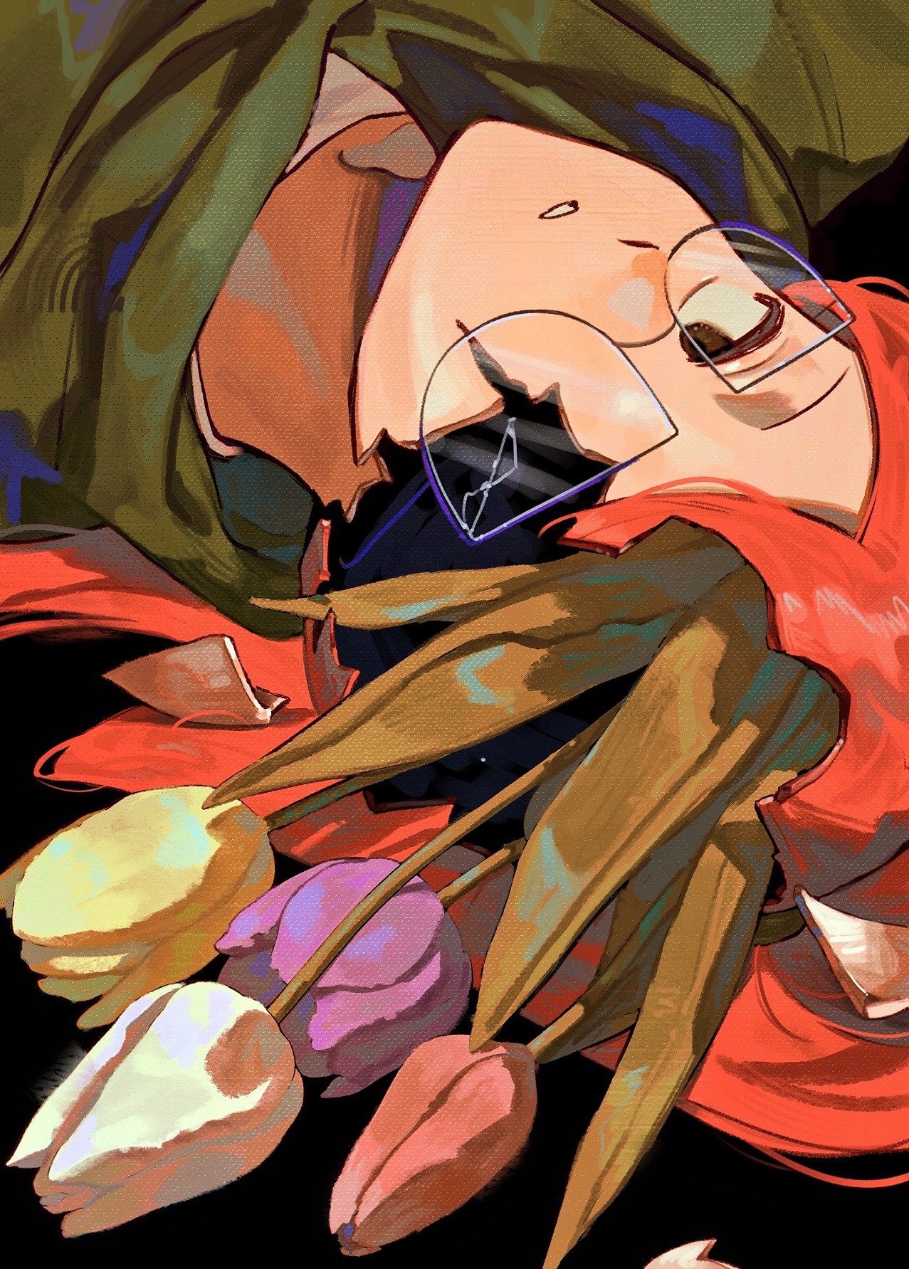 a-kai202, tulip olsen, infinity train, commentary, english commentary, highres, 1girl, ecdysis, flower, glasses, green hoodie, hood, hoodie, orange hair, parted lips, pink flower, pink tulip, purple flower, purple tulip, shedding, solo, tulip, white flower, white tulip, yellow flower, yellow tulip