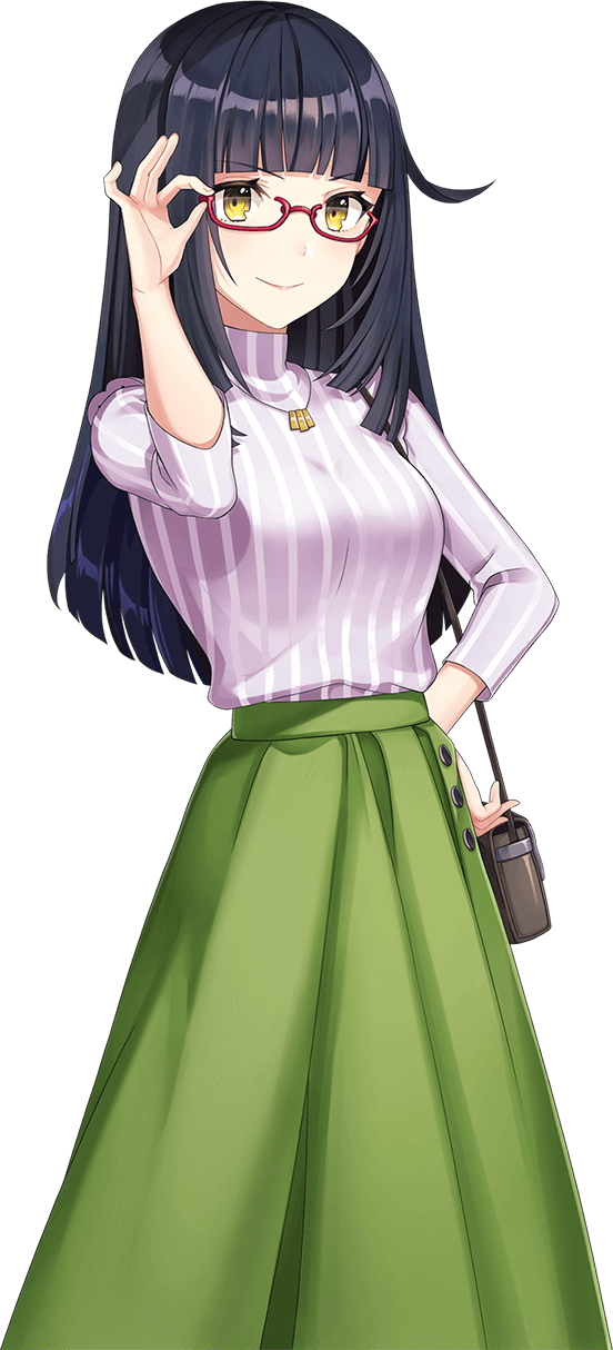 shirako miso, utsugi satori, cue!, highres, official art, 1girl, adjusting eyewear, bag, black hair, blunt bangs, blush, breasts, brown bag, closed mouth, cowboy shot, glasses, green skirt, hand on own hip, hand up, large breasts, long hair, long skirt, looking at viewer, pink shirt, rectangular eyewear, red-framed eyewear, semi-rimless eyewear, shirt, shoulder bag, simple background, skirt, smile, solo, standing, straight hair, striped clothes, striped shirt, tachi-e, tented shirt, three-quarter sleeves, transparent background, turtleneck, turtleneck shirt, under-rim eyewear, v-shaped eyebrows, vertical-striped clothes, vertical-striped shirt, yellow eyes