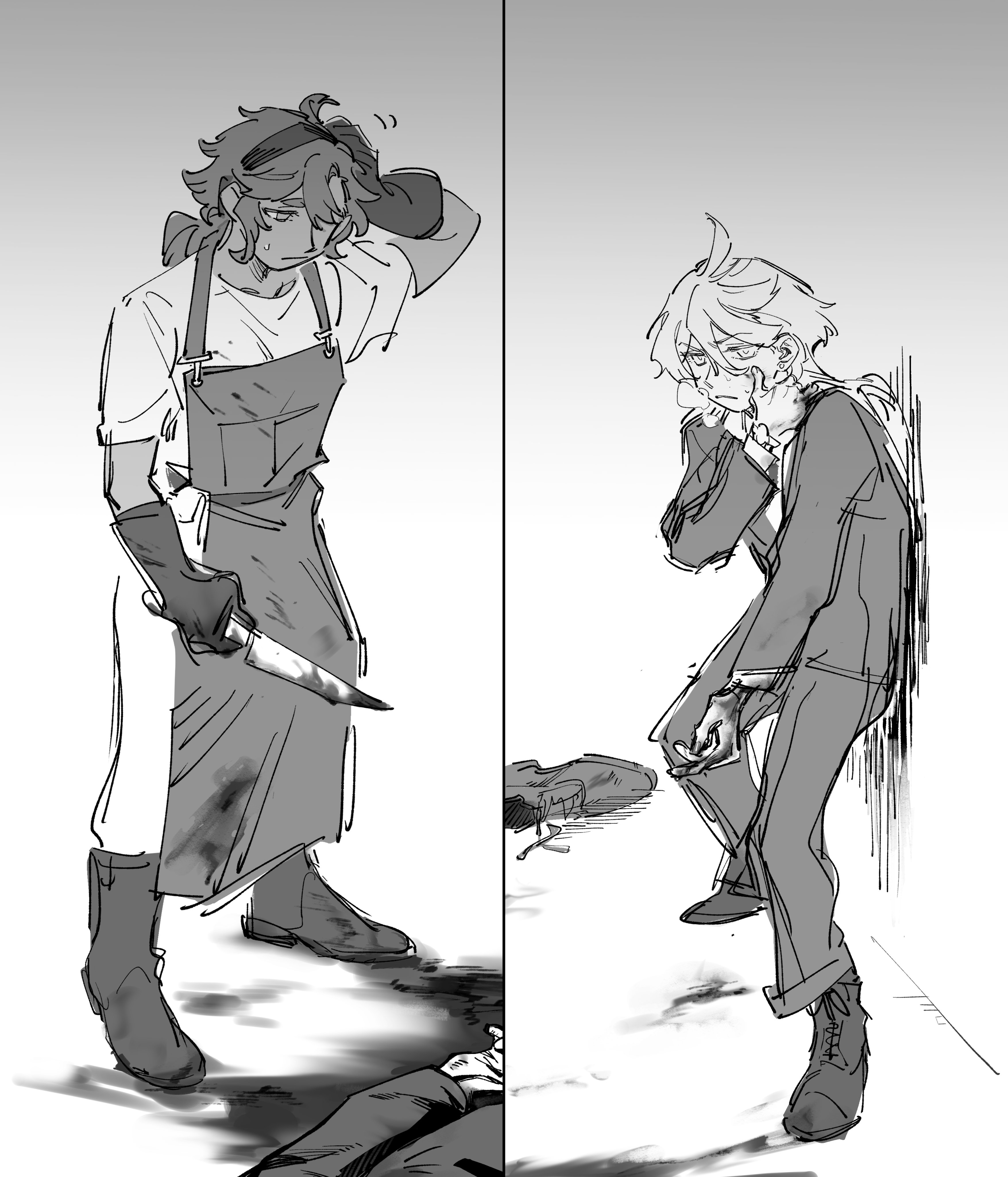 nideaneng, miorine rembran, suletta mercury, gundam, gundam suisei no majo, absurdres, highres, 2girls, apron, black boots, black gloves, blood, boots, formal clothes, frown, full body, gloom (expression), gloves, greyscale, hairband, knife, monochrome, multiple girls, scratching head, standing