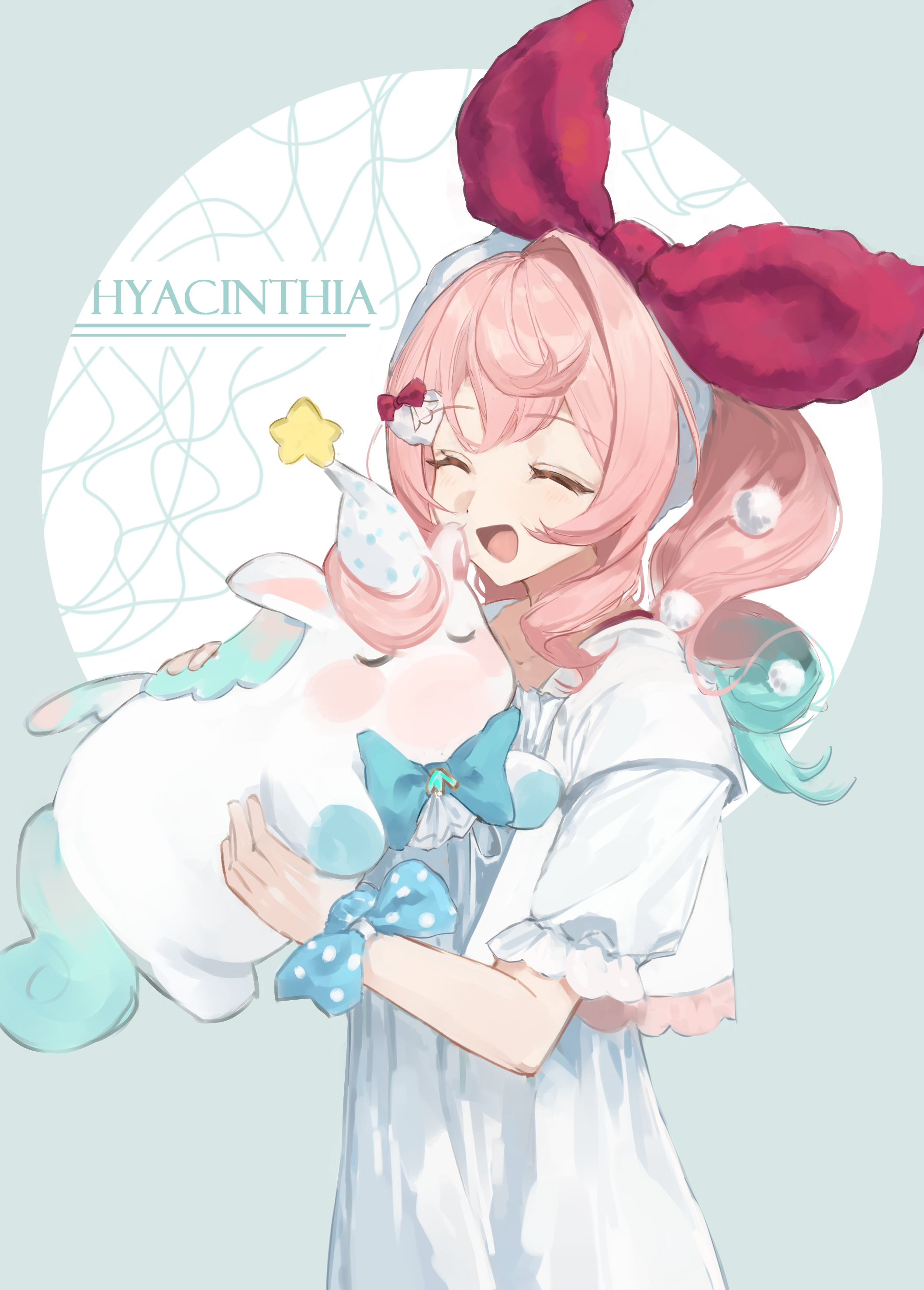 miaooon, hyacine (honkai: star rail), little ica (honkai: star rail), honkai: star rail, honkai (series), absurdres, commentary request, highres, 1girl, animal ears, ascot, blue bow, blue bowtie, blue hair, bow, bow hairband, bowtie, character name, closed eyes, dress, gradient hair, hair bow, hair ornament, hairband, hat, hat ornament, holding, horse ears, horse tail, large ribbon, long hair, multicolored hair, nightcap, open mouth, pegasus, pegasus wings, pink hair, polka dot, polka dot bow, polka dot headwear, pom pom (clothes), pom pom hair ornament, puffy short sleeves, puffy sleeves, purple ribbon, red bow, ribbon, short sleeves, sidelocks, smile, solo, standing, star (symbol), star hat ornament, tail, tongue, twintails, wavy hair, white ascot, white dress, white hairband, white hat, wings