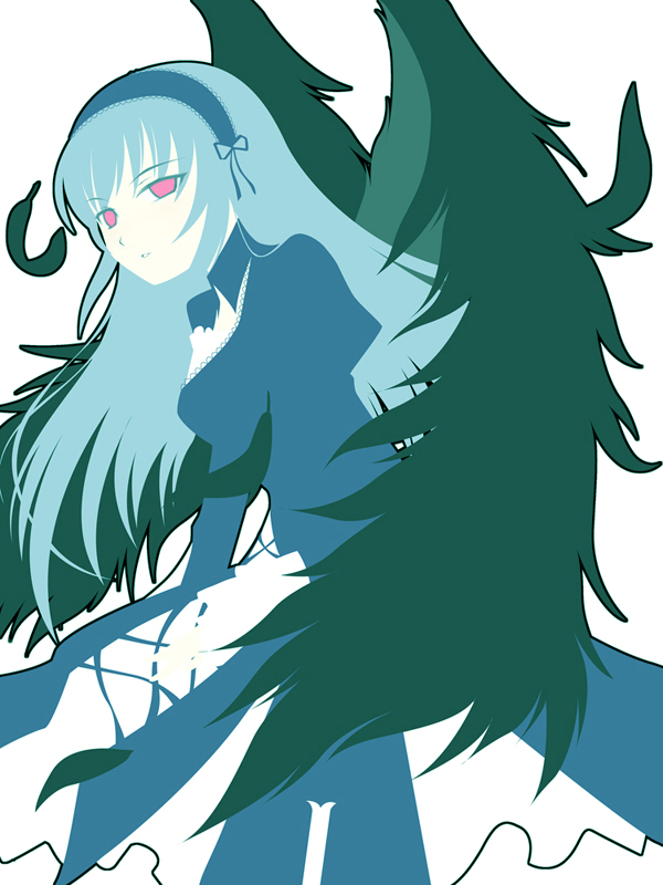 suigintou, rozen maiden, 00s, 1girl, blue dress, blue hair, blue theme, dress, female focus, fir tree, long hair, looking at viewer, pink eyes, simple background, solo, tree, very long hair, white background