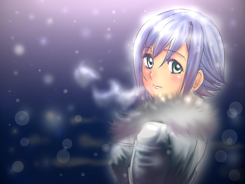 sakayama shinta, athena glory, aria (manga), silver hair, 00s, 1girl, breath, coat, female focus, from behind, green eyes, long sleeves, looking at viewer, short hair, snowing, solo, upper body, winter, winter clothes, winter coat