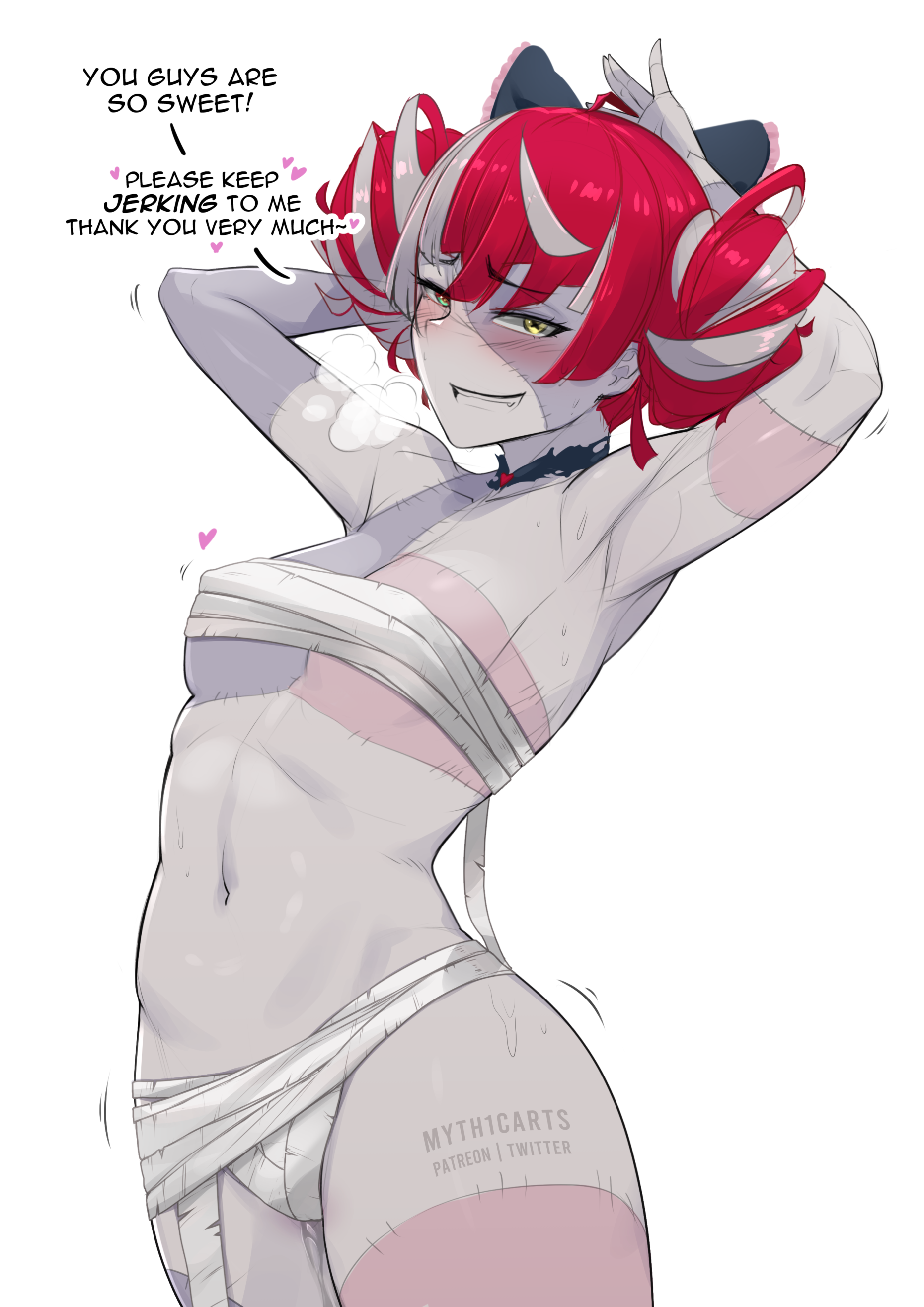 myth1carts, kureiji ollie, hololive, hololive indonesia, absurdres, highres, 1girl, armpits, arms behind head, chest sarashi, colored skin, double bun, english text, grey skin, hair bun, heavy breathing, looking at viewer, multicolored hair, multicolored skin, navel, patchwork skin, red hair, sarashi, smile, solo, stitched face, stitches, sweat, virtual youtuber, white background, yellow eyes, zombie