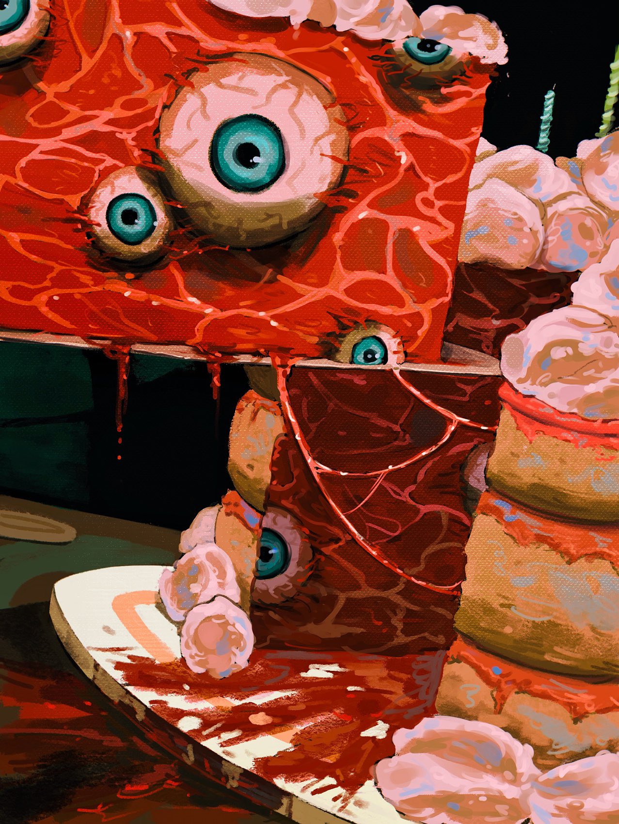 a-kai202, mouthwashing, commentary, highres, blood, blue eyes, cake, candle, eyeball, flesh, food, icing, no humans