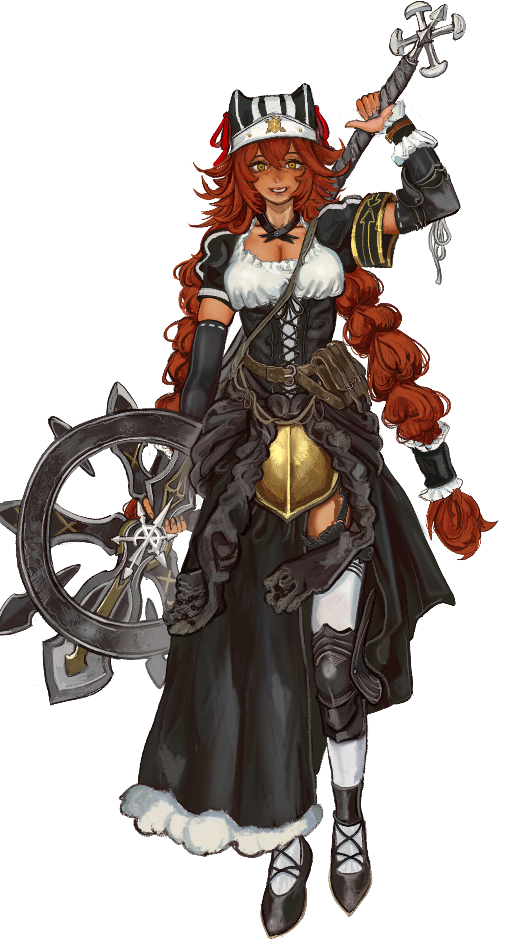 kkghost tv, lupusregina beta, overlord (maruyama), absurdres, highres, 1girl, animal ear headwear, axe, black corset, black skirt, black sleeves, blush, breasts, cleavage, corset, detached sleeves, fake animal ears, grin, hair between eyes, hat, holding, holding axe, large breasts, long hair, looking at viewer, multi-tied hair, red hair, shirt, sidelocks, skirt, smile, solo, thighhighs, twintails, very long hair, white hat, white shirt, white thighhighs, yellow eyes