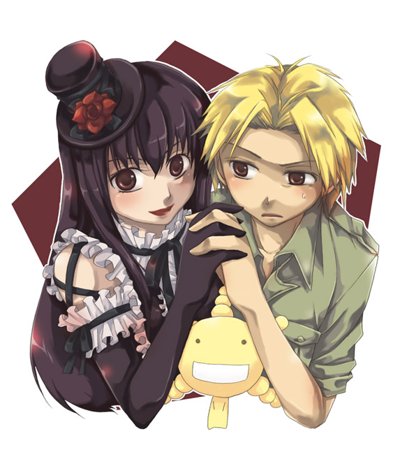 oryzae-tan, sawaki souemon tadayasu, yuuki kei, moyashimon, 2boys, crossdressing, crossdressing (mtf), elbow gloves, gloves, goth fashion, male focus, multiple boys, trap