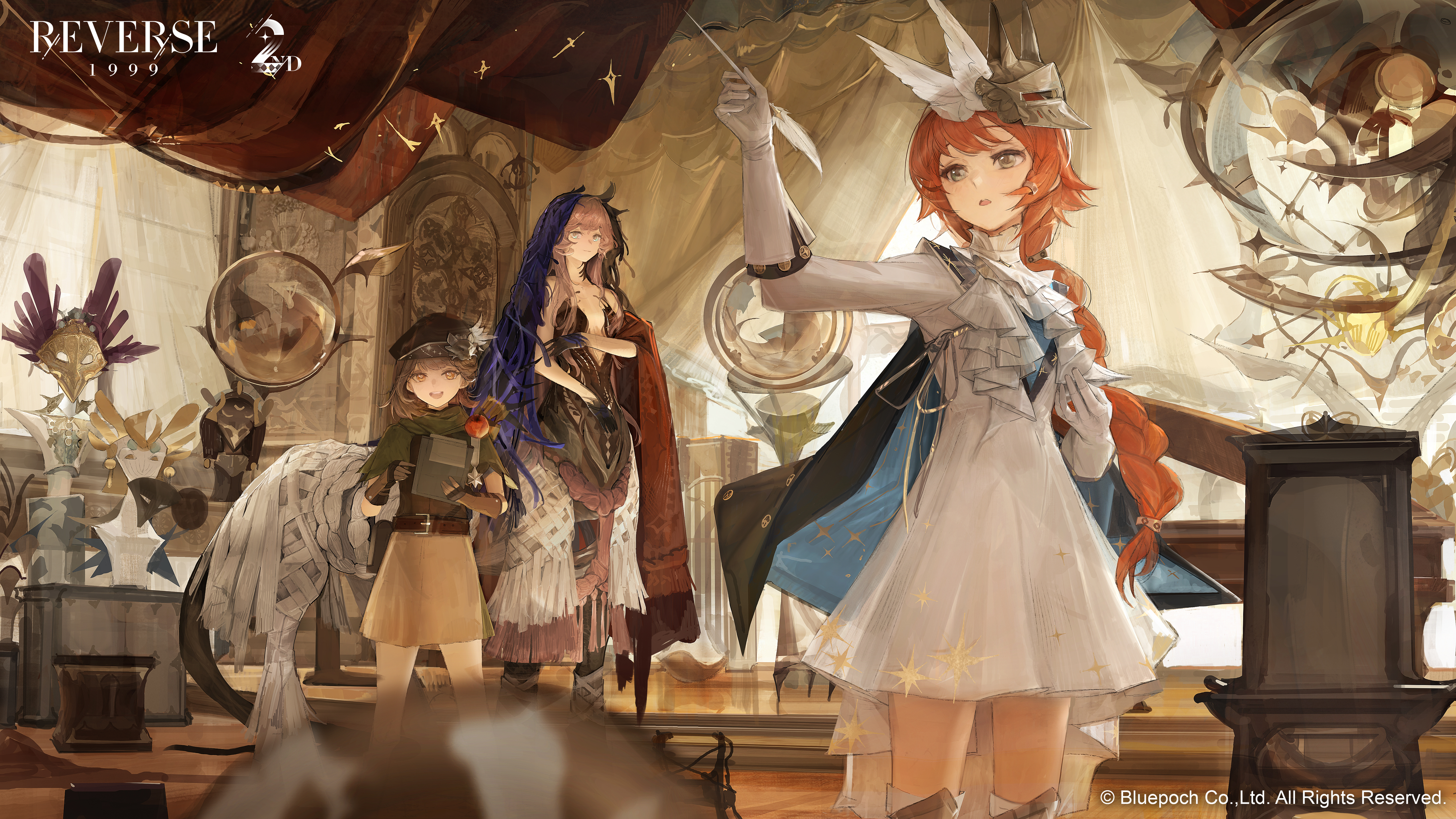 nautika (reverse:1999), regulus (reverse:1999), sonetto (reverse:1999), reverse:1999, absurdres, highres, official art, official wallpaper, 3girls, :d, :o, anniversary, arm up, bare arms, black dress, black gloves, black hands, black hat, black shirt, black veil, blue cape, blue eyes, blue veil, boots, braid, brown hair, brown skirt, cape, centauroid, chimera, colored extremities, copyright name, copyright notice, curtains, dress, fingerless gloves, gloves, grey eyes, hair ornament, hand up, hat, holding, holding quill, indoors, logo, long braid, long hair, looking at viewer, looking to the side, miniskirt, multiple girls, official alternate costume, open mouth, orange eyes, pink hair, plunging neckline, quill, shirt, short dress, short hair, single braid, skirt, smile, sonetto (the steadfast heart) (reverse:1999), standing, strapless, strapless dress, taur, thigh boots, triangle mouth, two-tone veil, veil, very long hair, white boots, white dress, white gloves, wing hair ornament