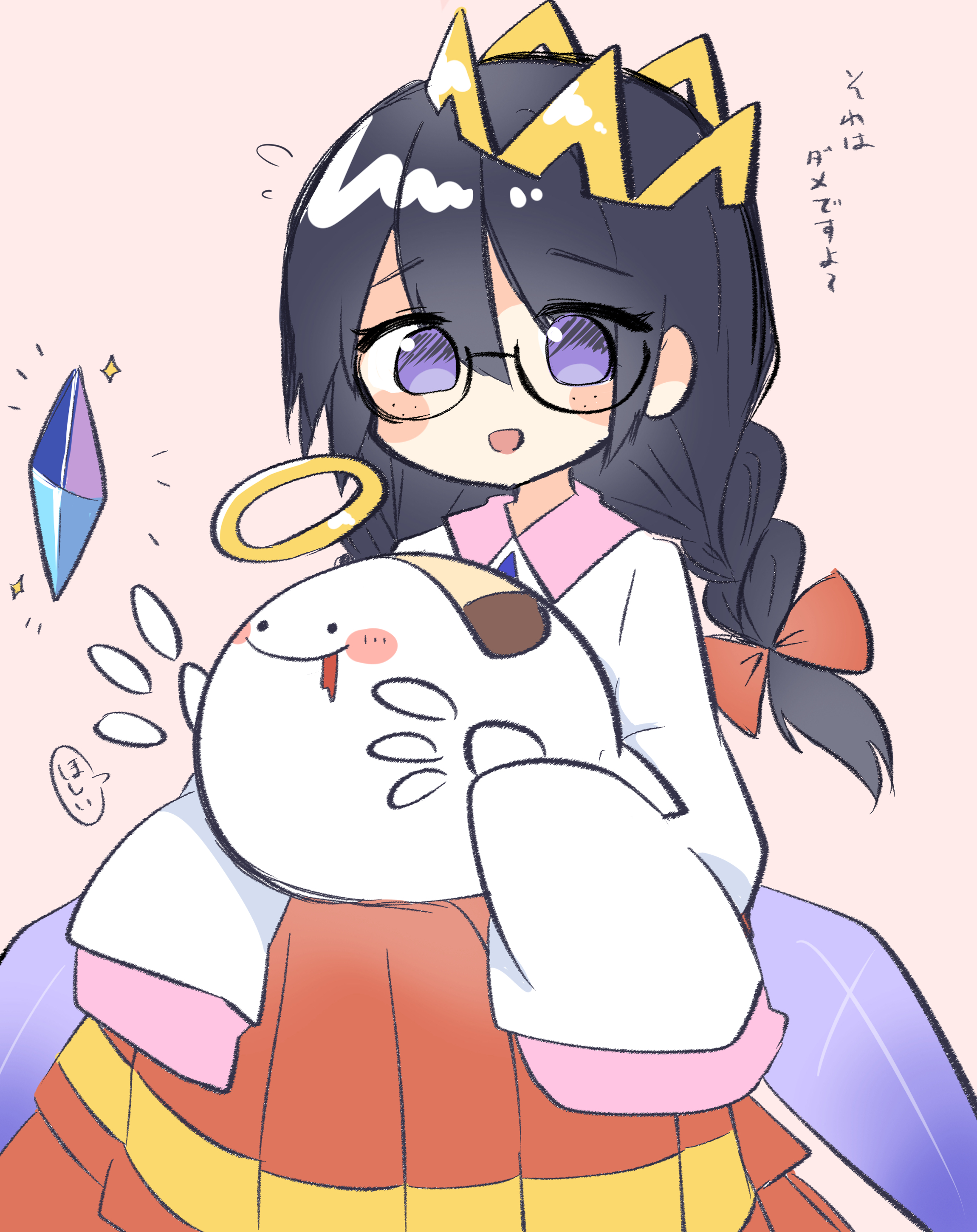 yoake (yoake 04), ripple star queen, zero two (kirby), kirby (series), kirby 64, nintendo, absurdres, highres, 1girl, bandaid, black hair, bow, braid, crown, crystal, freckles, glasses, hair bow, halo, long hair, low twin braids, pink background, red bow, simple background, sleeves past fingers, sleeves past wrists, twin braids