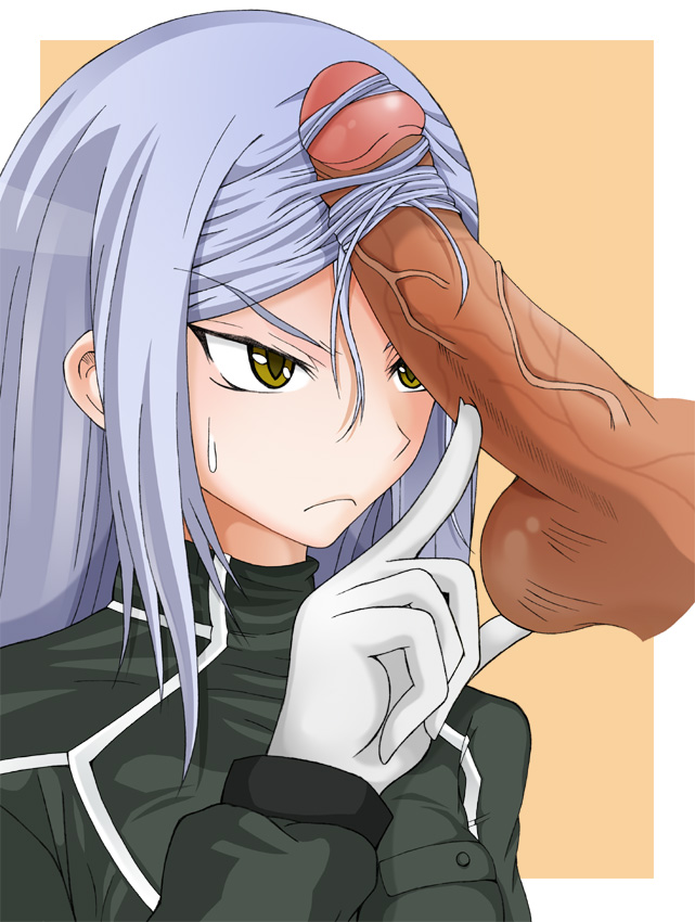 azusa (sarie303030), shirako miso, soma peries, gundam, gundam 00, silver hair, 00s, 1girl, dark-skinned male, dark penis, dark skin, disembodied penis, erection, hairjob, interracial, penis, penis on face, penis over one eye, solo focus, uncensored, yellow eyes