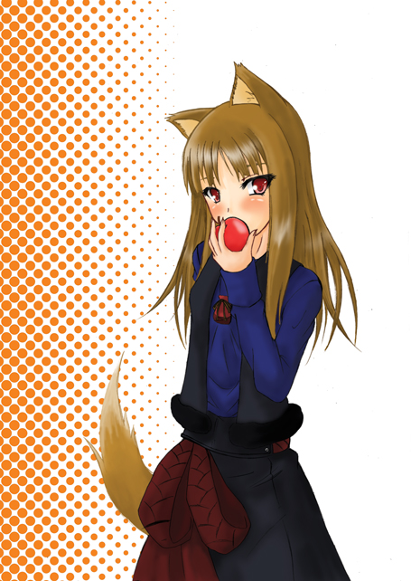 holo, spice and wolf, 00s, 1girl, animal ears, apple, eating, female focus, food, fruit, holding, holding food, holding fruit, solo, tail, wolf ears, wolf tail