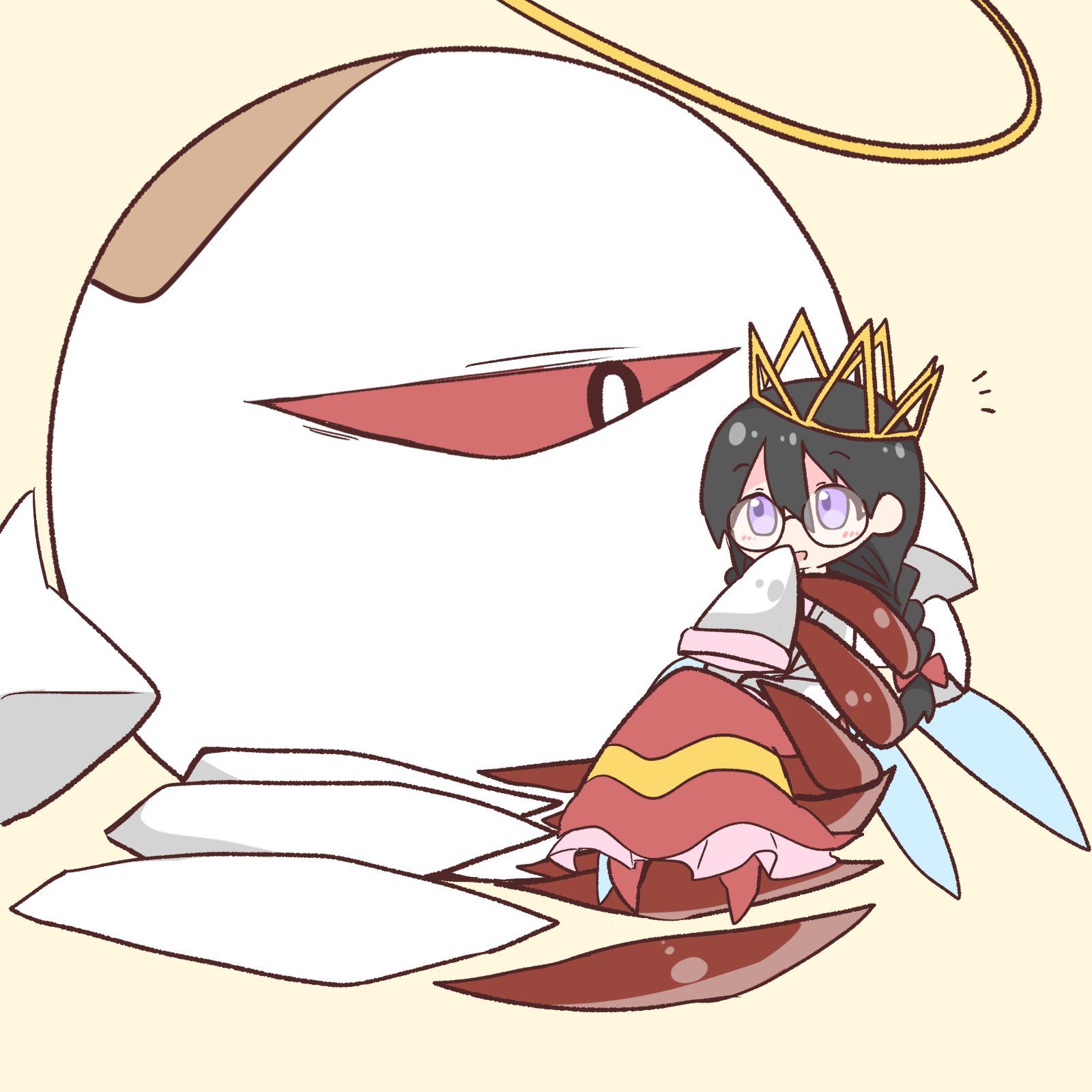 yoake (yoake 04), ripple star queen, zero two (kirby), kirby (series), kirby 64, nintendo, highres, 1girl, black hair, bow, braid, crown, glasses, hair bow, halo, long hair, long skirt, low twin braids, one-eyed, purple eyes, red bow, red eyes, simple background, skirt, sleeves past fingers, sleeves past wrists, twin braids