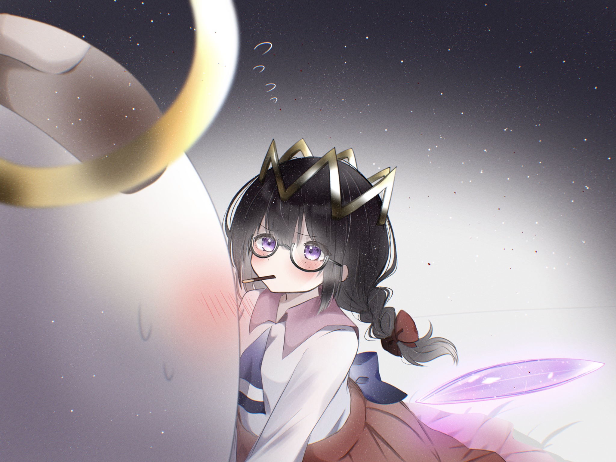 yoake (yoake 04), ripple star queen, zero two (kirby), kirby (series), kirby 64, nintendo, highres, 1girl, bandaid, black hair, blush, bow, crown, fairy, fairy wings, flying sweatdrops, food, food in mouth, glasses, hair bow, halo, jimiko, long hair, pocky, pocky in mouth, purple eyes, red bow, sweatdrop, wings