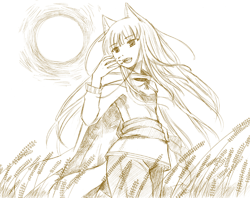 holo, spice and wolf, 00s, 1girl, animal ears, brown theme, female focus, monochrome, sketch, solo, tail, wheat, wolf ears, wolf tail