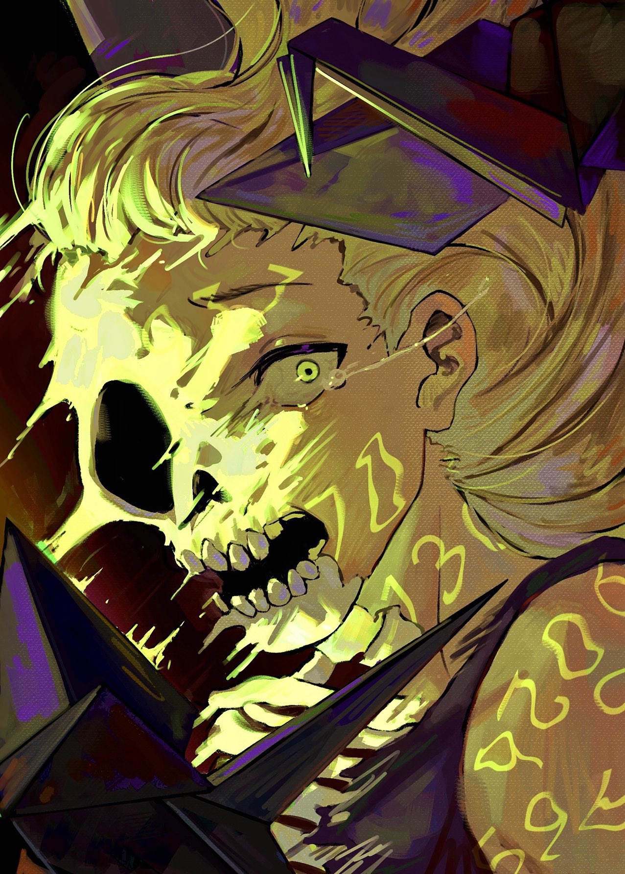 a-kai202, infinity train, highres, 1boy, black tank top, blonde hair, body markings, disintegration, long hair, male focus, open mouth, simon laurent, skull, solo, tank top, tears, yellow eyes