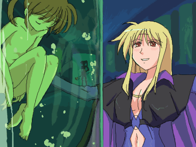 fate testarossa, presea testarossa, takamachi nanoha, lyrical nanoha, mahou shoujo lyrical nanoha, mahou shoujo lyrical nanoha strikers, lowres, 3girls, barefoot, blonde hair, cosplay, feet, flat chest, multiple girls, navel, oekaki, presea testarossa (cosplay), role reversal, stasis tank