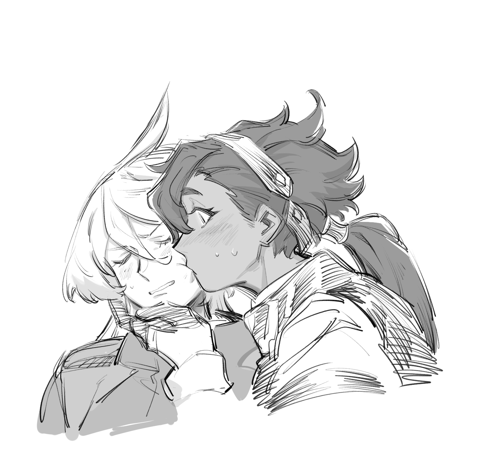 nideaneng, miorine rembran, suletta mercury, gundam, gundam suisei no majo, highres, 2girls, ahoge, blush, closed eyes, dark-skinned female, dark skin, grabbing another's chin, greyscale, hairband, hand on another's chin, kiss, kissing cheek, long hair, mecha pilot suit, monochrome, multiple girls, sweatdrop, upper body, yuri