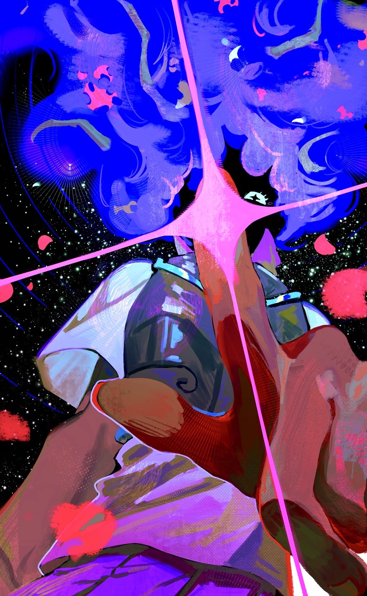 a-kai202, anne boonchuy, amphibia, commentary, english commentary, highres, 1girl, anne boonchuy (calamity form), armor, blue hair, dark-skinned female, dark skin, from below, short sleeves, solo, space, star (sky)