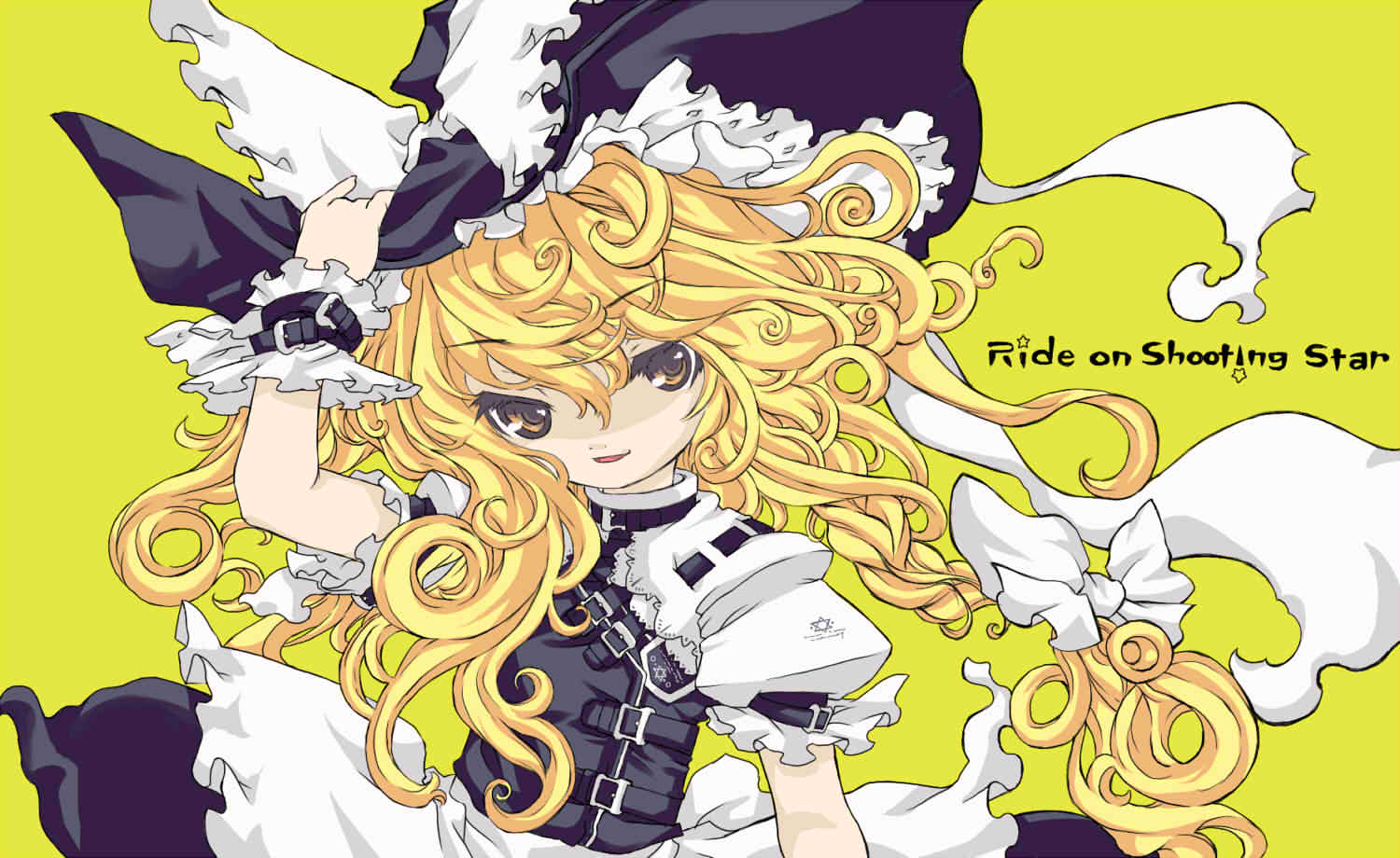 tm (gf-tm), kirisame marisa, touhou, jpeg artifacts, 1girl, adapted costume, alternate costume, blonde hair, bow, braid, english text, female focus, hair bow, hand on headwear, hat, hat bow, holding, holding unworn clothes, holding unworn hat, light smile, long hair, short sleeves, side braid, simple background, solo, unworn hat, unworn headwear, wind, witch, witch hat, yellow eyes