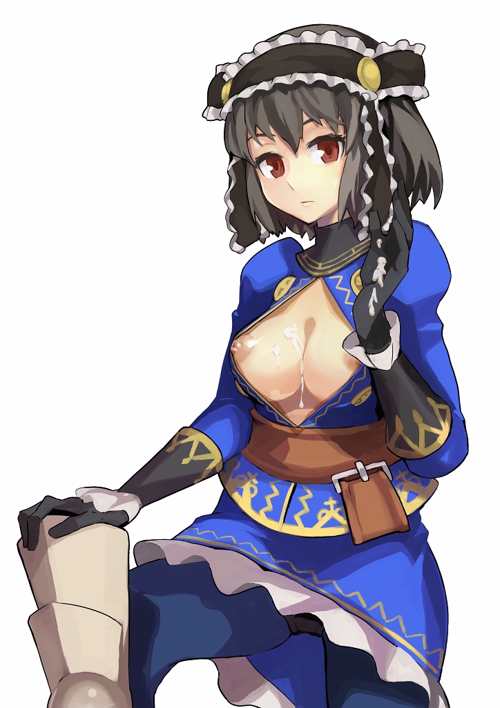 forgotten artist, ryman, fantasy earth zero, 1girl, armor, belt, blue pantyhose, bob cut, breasts, brown eyes, cum, cum on body, cum on breasts, cum on clothes, cum on upper body, female focus, gloves, grey hair, large breasts, leg up, nipple slip, nipples, no bra, open clothes, open shirt, panties, panties under pantyhose, pantyhose, pantyshot, puffy nipples, shirt, short hair, simple background, skirt, solo, turtleneck, underwear, upskirt