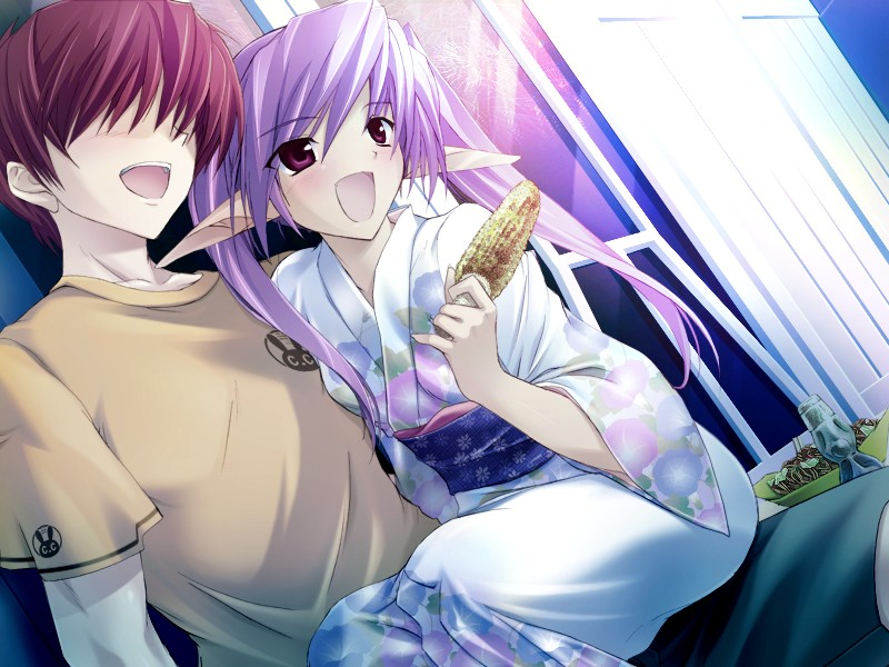 onigirikun, phil ehart, 5pb., alice soft, pastel chime, pastel chime continue, game cg, 1boy, 1girl, :d, corn, dating, elf, faceless, faceless male, festival, happy, japanese clothes, kimono, open mouth, pointy ears, purple hair, red eyes, sitting, sitting on lap, sitting on person, smile, yukata