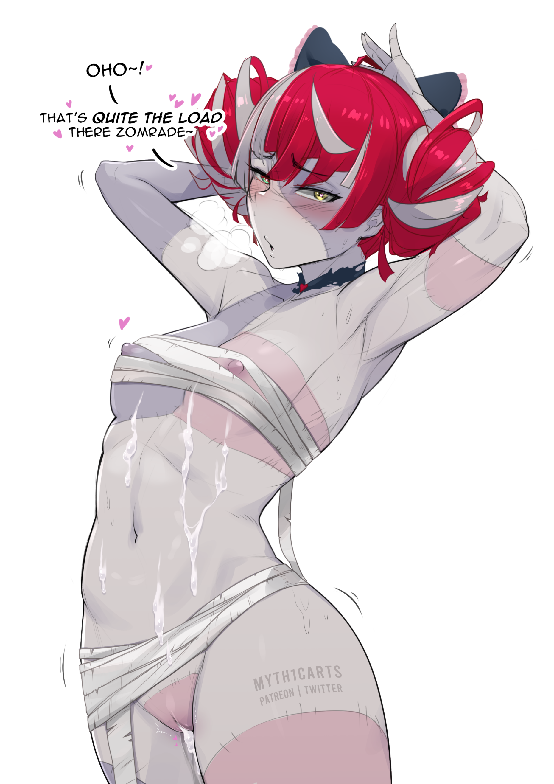myth1carts, kureiji ollie, hololive, hololive indonesia, absurdres, highres, paid reward available, 1girl, after vaginal, armpits, arms behind head, chest sarashi, colored skin, cum, cum in pussy, cum on body, cumdrip, double bun, english text, grey skin, hair bun, heavy breathing, looking at viewer, multicolored hair, multicolored skin, navel, nipple slip, nipples, patchwork skin, red hair, sarashi, solo, stitched face, stitches, sweat, uncensored, virtual youtuber, white background, yellow eyes, zombie